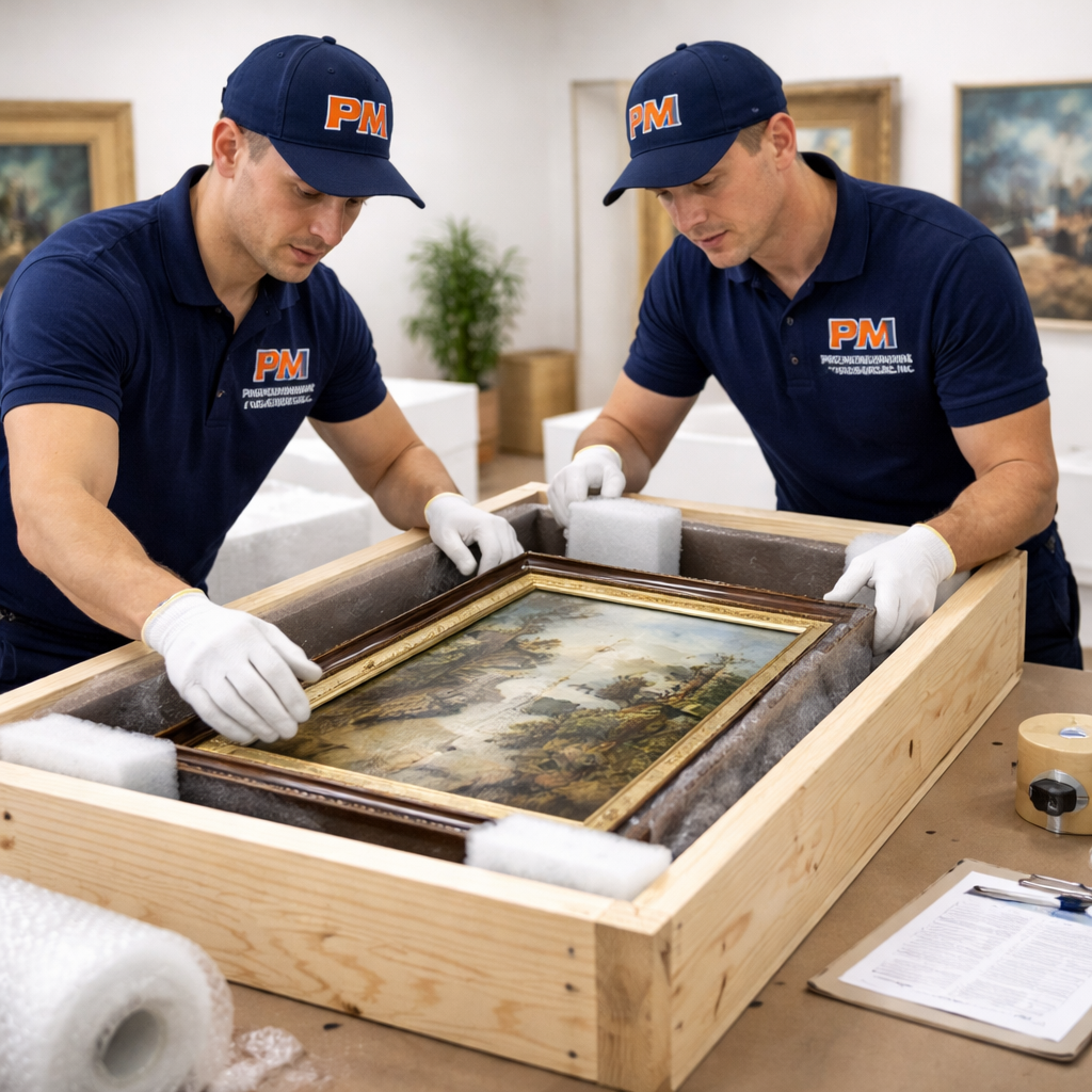 Two workers carefully handling a framed painting during restoration or conservation, wearing white gloves and navy blue uniforms with a logo, in a well-lit room with artwork on the walls.