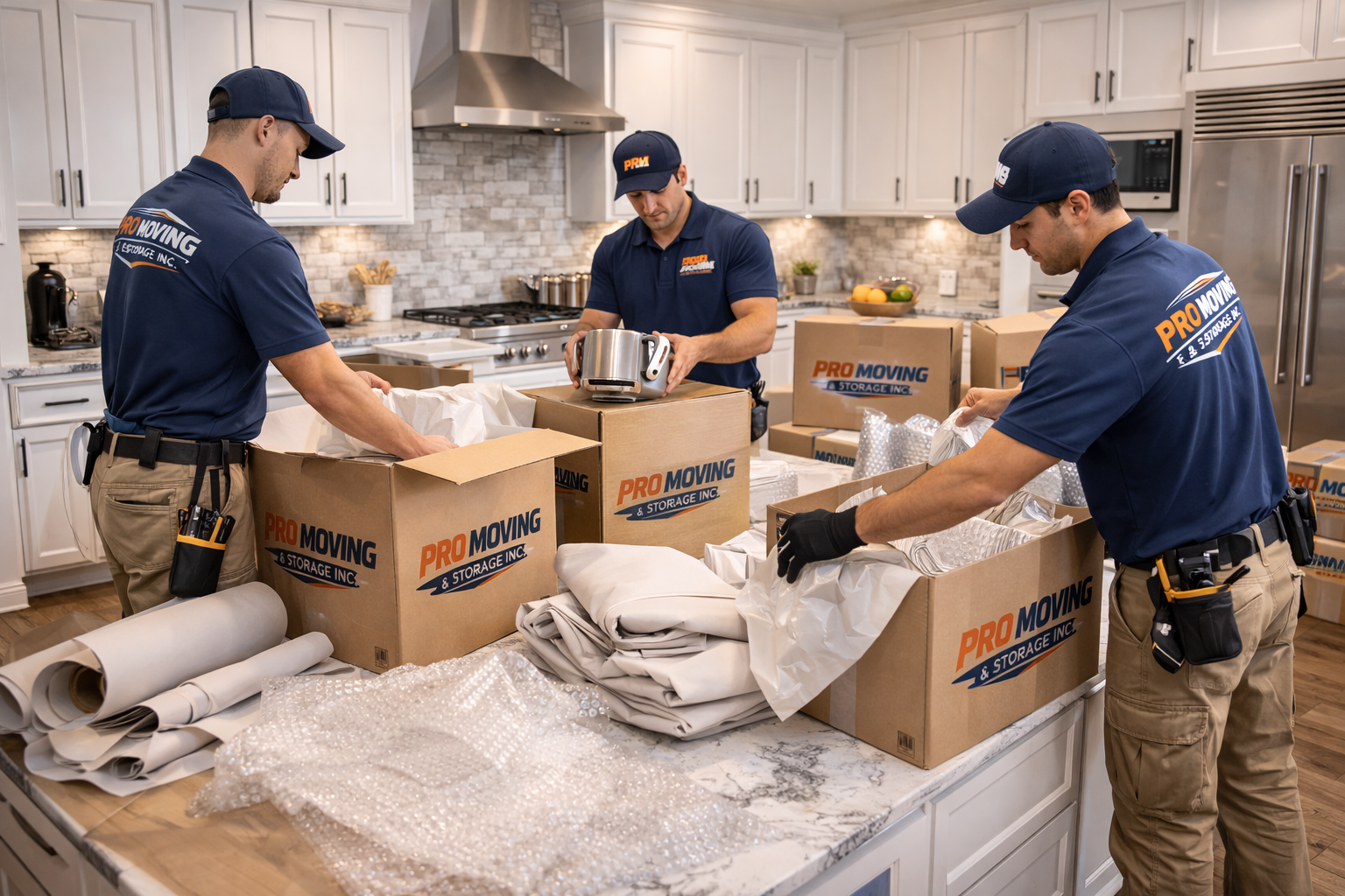 Three movers in uniform packing boxes and supplies on a kitchen island, with boxes labeled 'Pro Moving & Storage Inc.' in a modern kitchen.