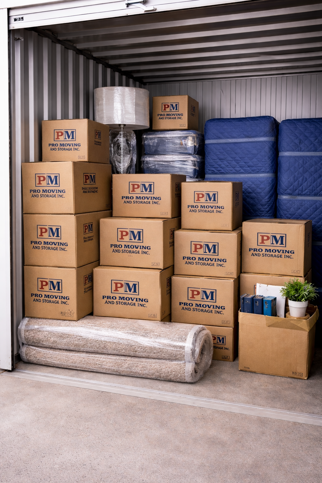 Storage unit filled with cardboard boxes labeled 'Pro Moving and Storage Inc.', mattresses, a rolled-up rug, a lamp, blue moving pads, and a box with a small potted plant and blue binders.