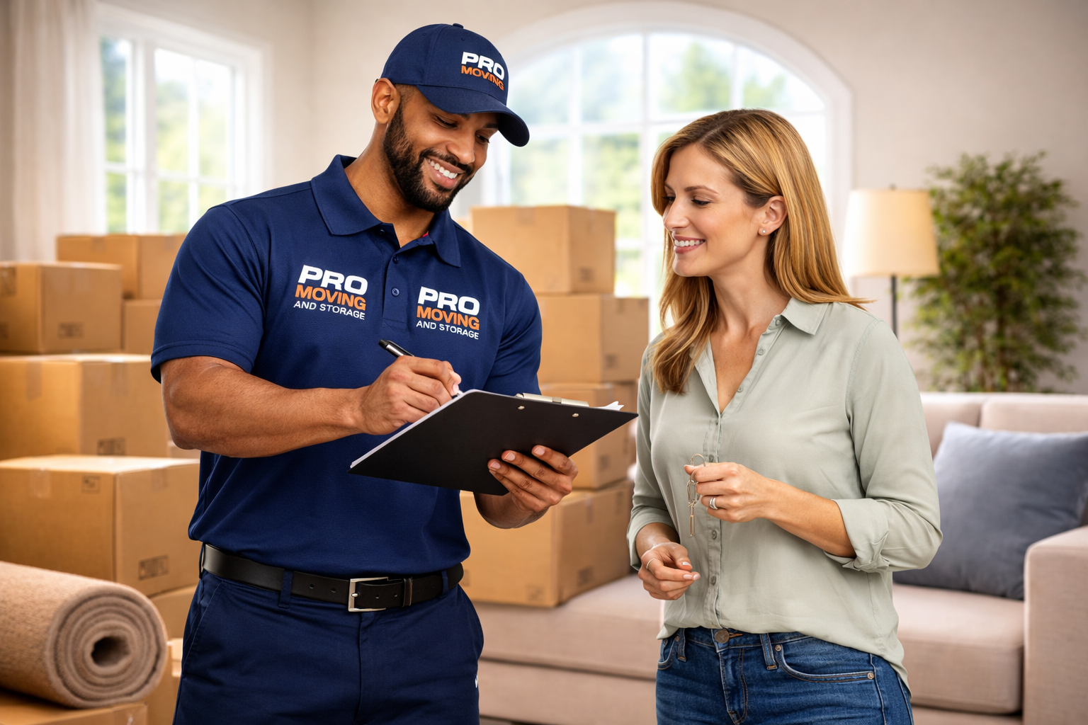 A professional mover, wearing a uniform with the logo 'PRO Moving and Storage,' is signing a form for a woman in a living room filled with cardboard boxes.