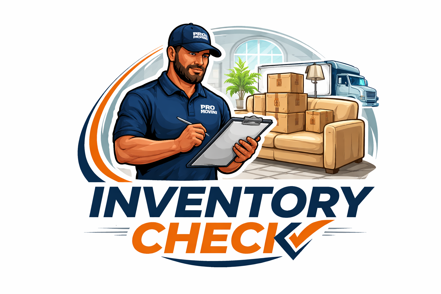 Illustration of a delivery worker in a blue uniform with a clipboard, standing in front of a background with packed boxes, a couch, a potted plant, a large window, and a delivery truck, with the text 'Inventory Check' and a checkmark.