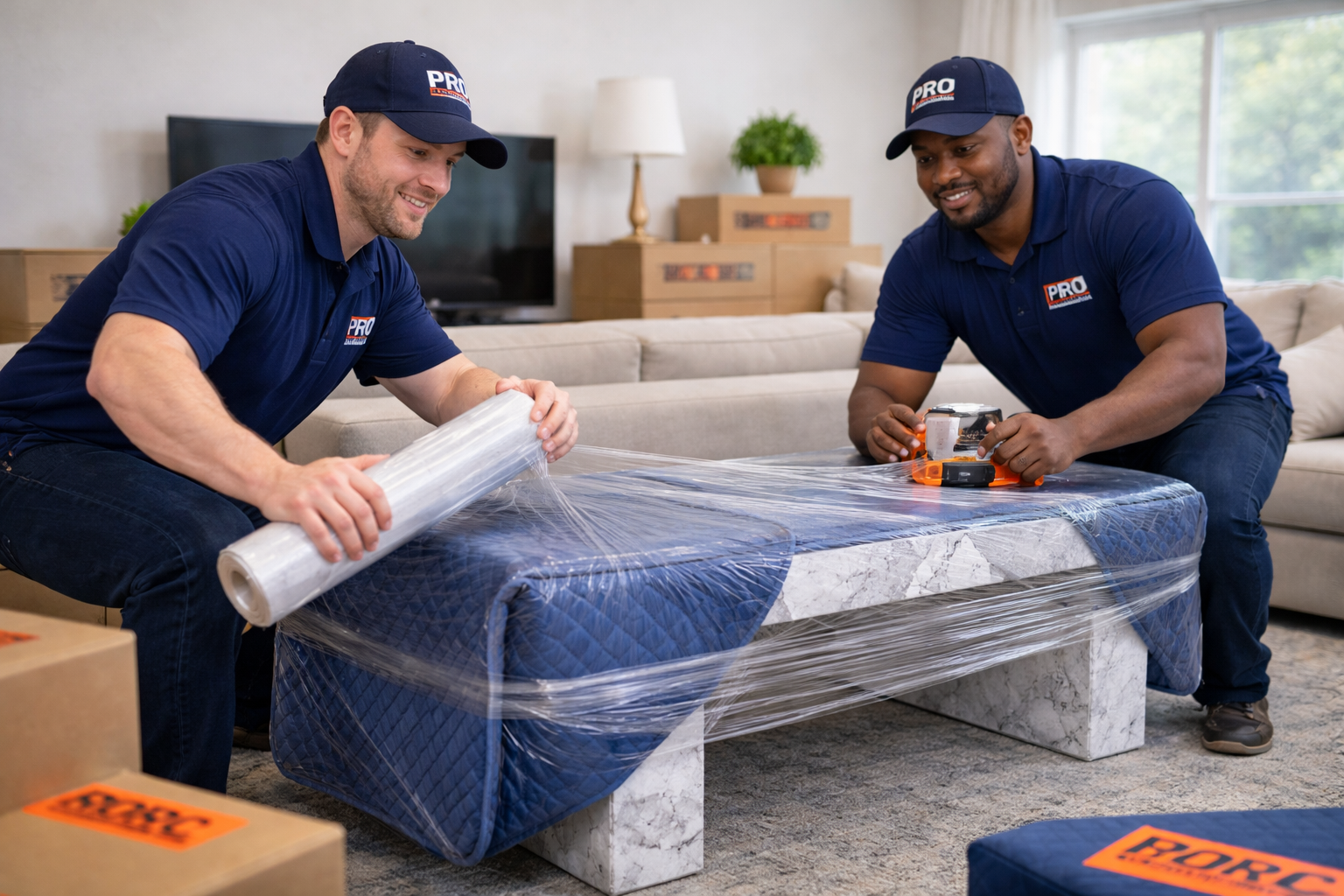 Two professional movers in navy blue uniforms and caps unpacking and securing a wrapped couch at a living room.