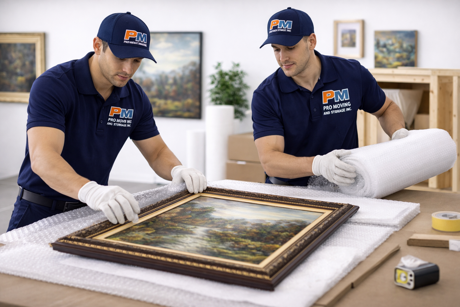 Two workers in blue uniforms and gloves carefully wrapping a framed landscape painting with bubble wrap in an art conservation or packing studio.