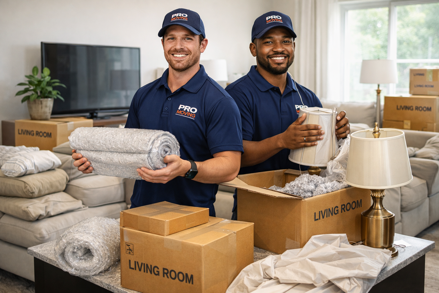 Two professional movers in navy uniforms packing belongings in a living room with boxes and furniture.