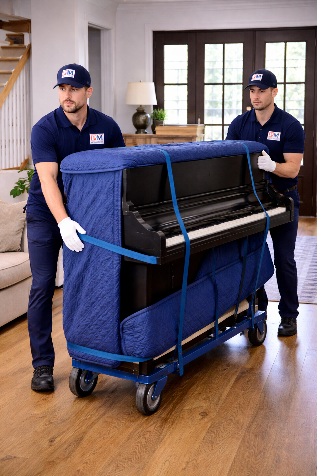 Two movers in uniforms lifting a piano covered with a quilted moving blanket on a dolly in a living room.