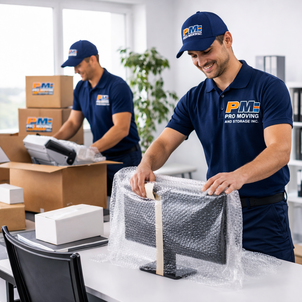 Two workers in blue uniforms and caps with 'PM PRO MOVING' logo packing items in an office, with one securing bubble wrap around a computer monitor and the other handling a box, surrounded by packed boxes during a moving company packing job.