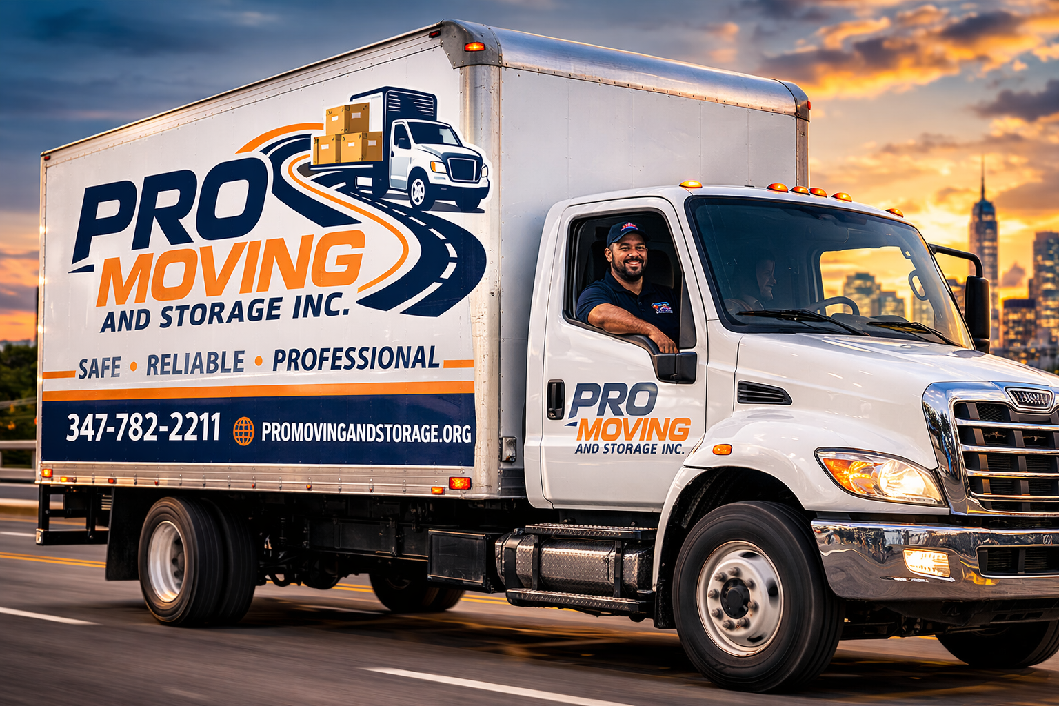 Professional movers driving moving truck on the road in New York