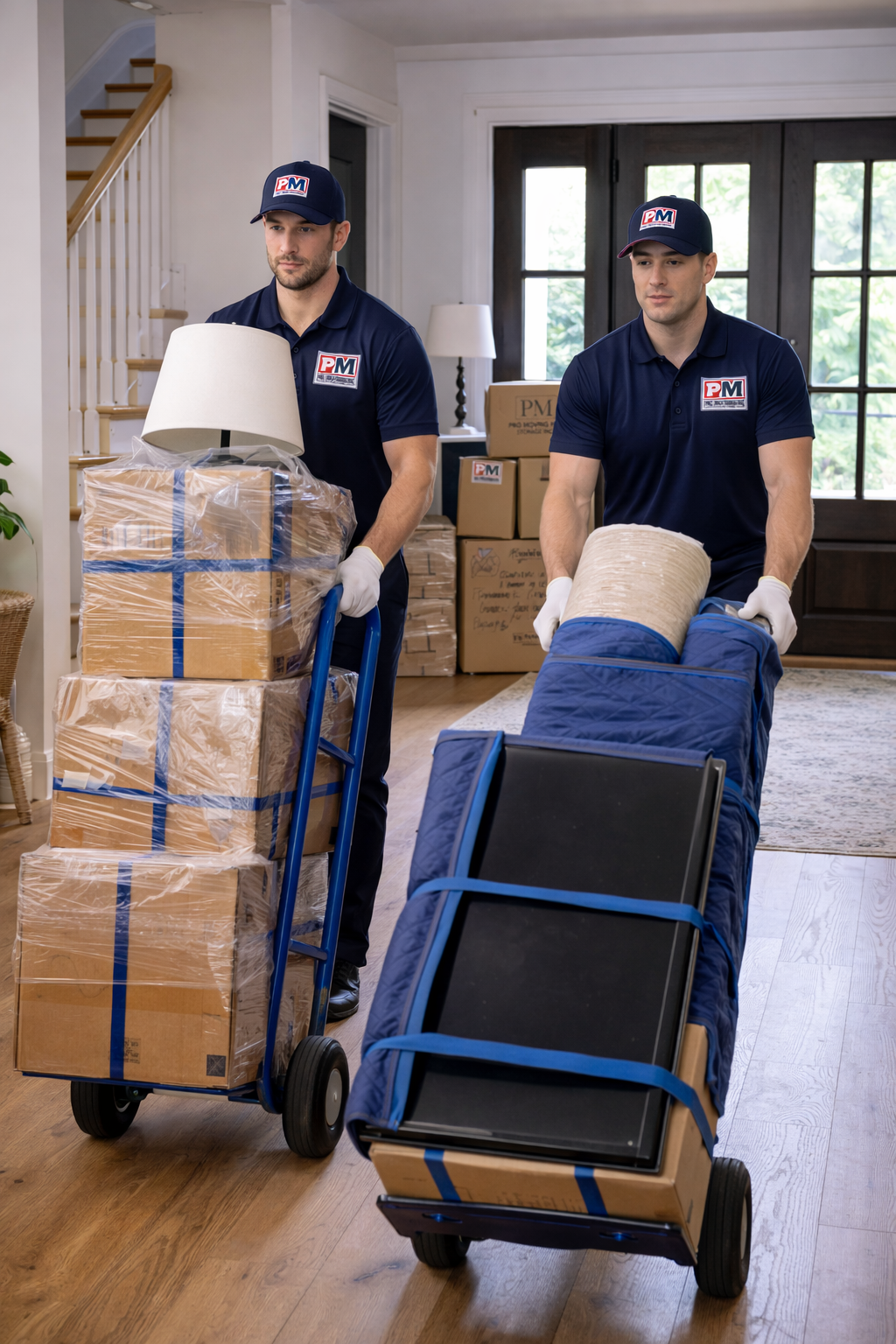 Two movers in navy uniforms with PM logos load moving boxes and furniture into a house.