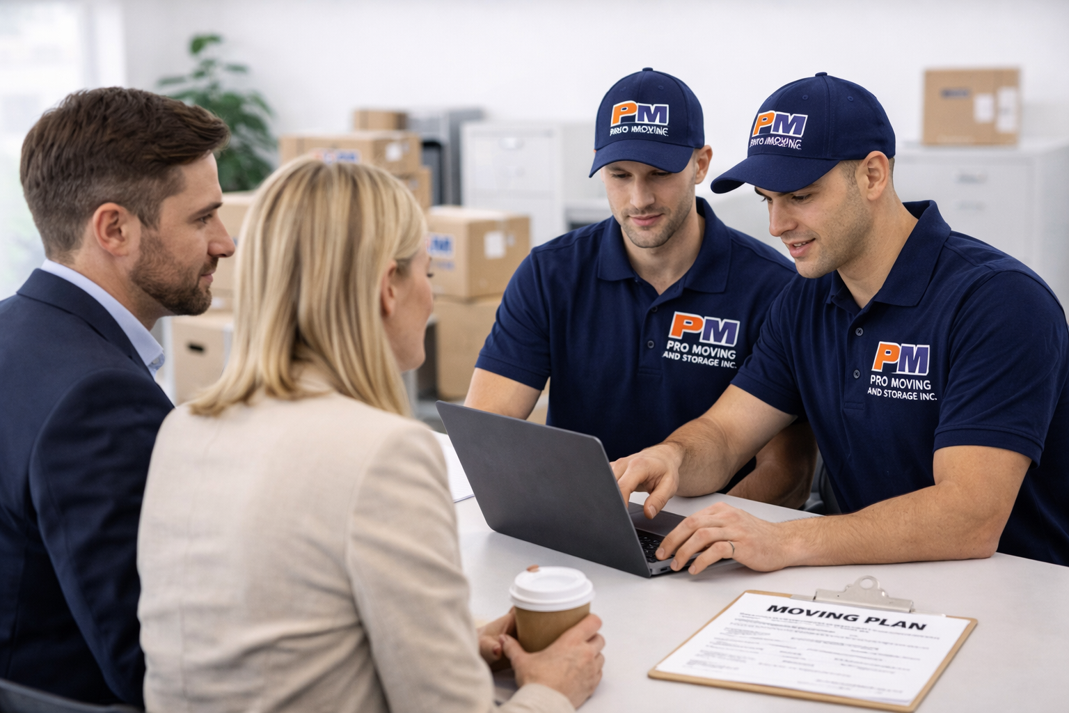 Movers discussing moving details with customer in New York