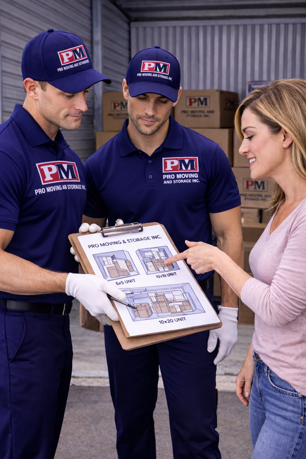 Three workers in navy blue uniforms and caps with 'PM' logo, holding a clipboard with storage unit layouts, are discussing storage options with a woman at a warehouse filled with boxes.