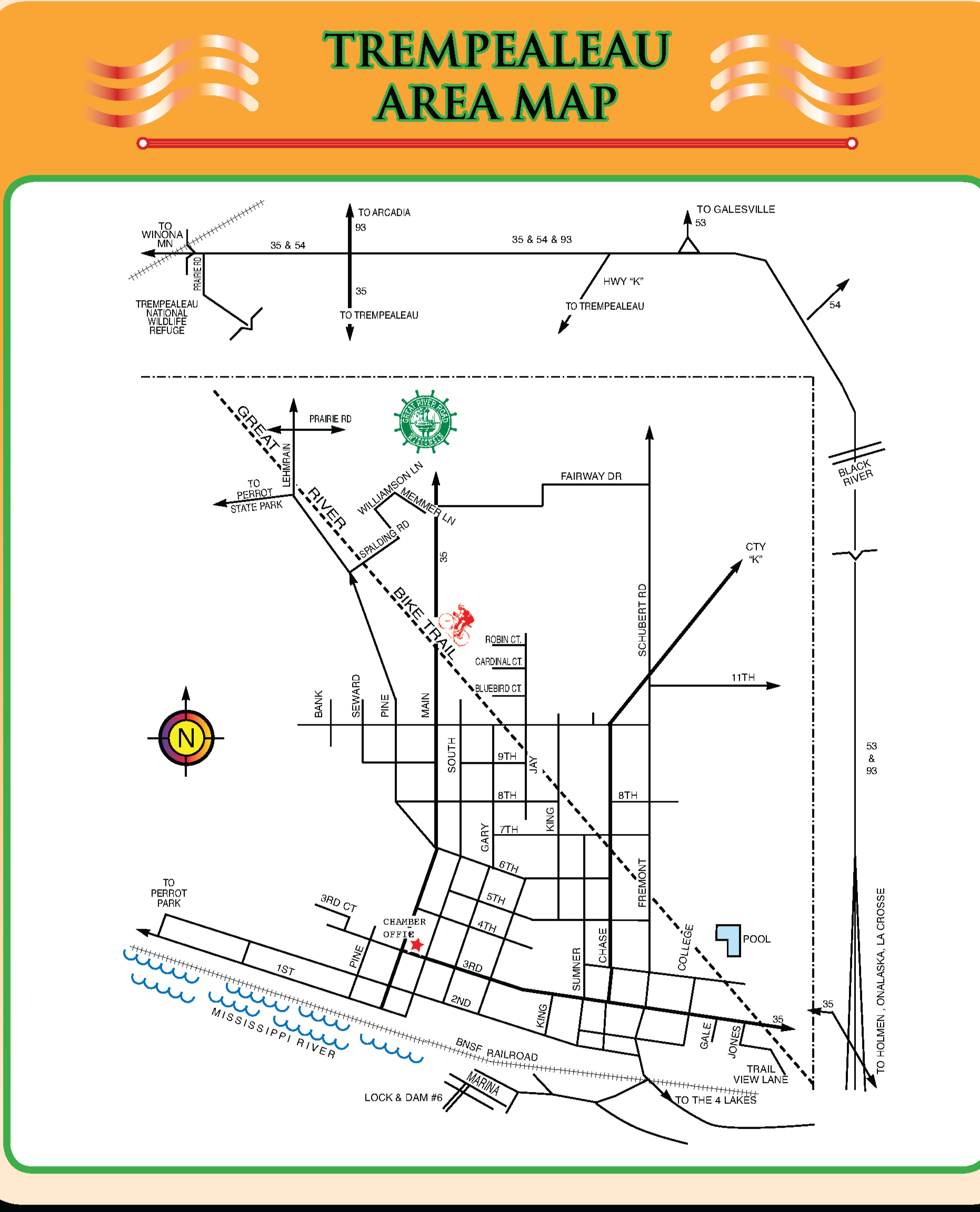 Map of the Trempealeau area showing roads, landmarks, and natural features like the Mississippi River and Black River, with labels for streets, highways, and points of interest.