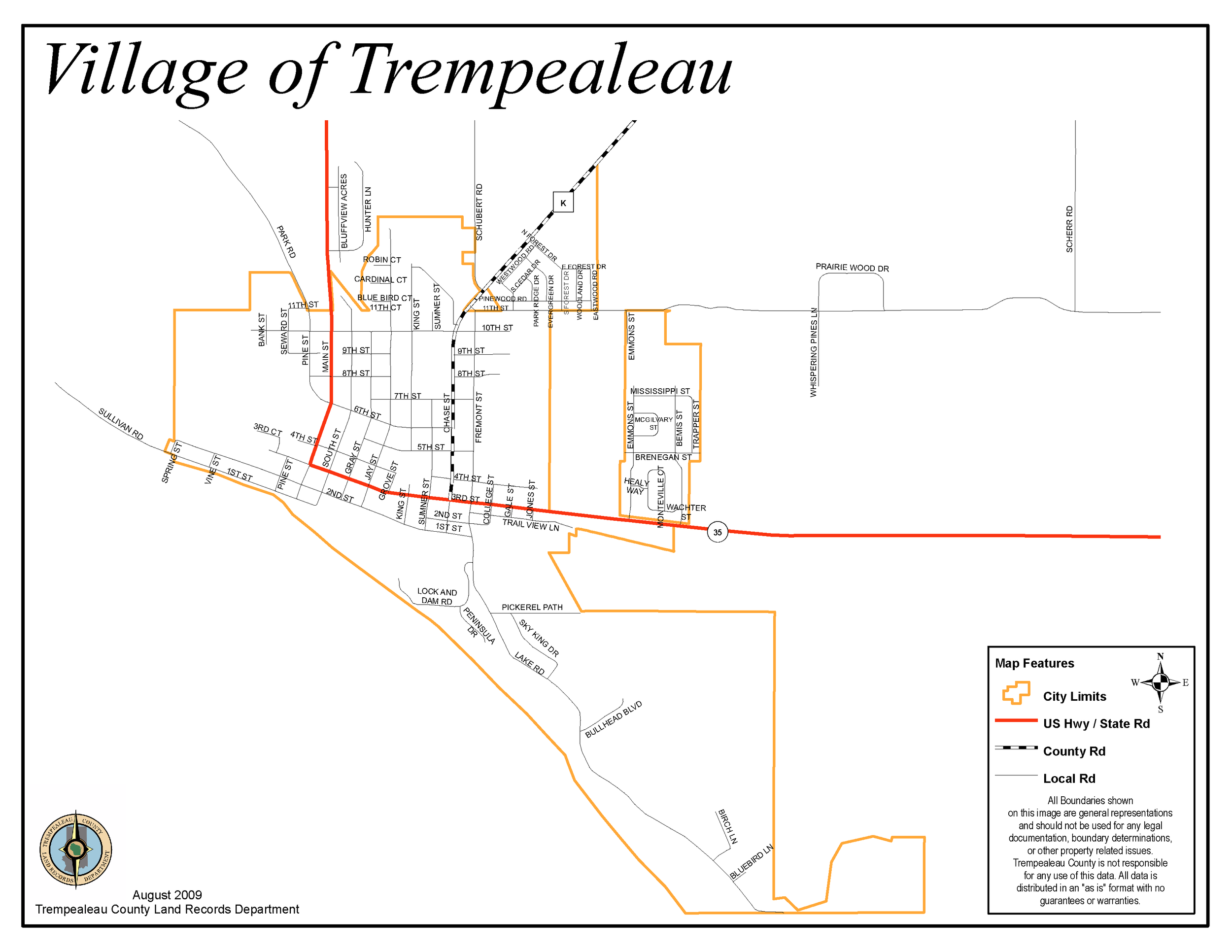 Map showing the boundaries of Trempealeau Village with roads, city limits, and key landmarks, including highways and local roads. Map features include a compass rose, legend, and the Trempealeau County seal, dated August 2009.