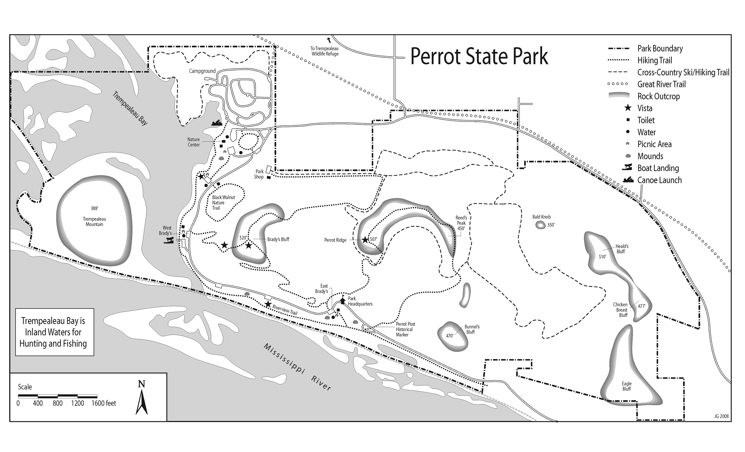 Map of Perrot State Park showing trails, campgrounds, lookout points, and notable features including the Mississippi River, water bodies, and rock outcrops.