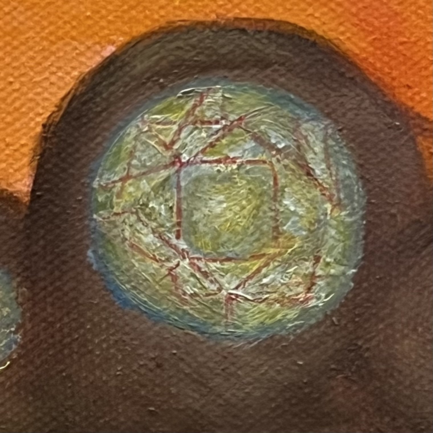 Close-up view of a bolt or screw inside a wooden or textured surface, showing rust and a hexagonal shape at the top.