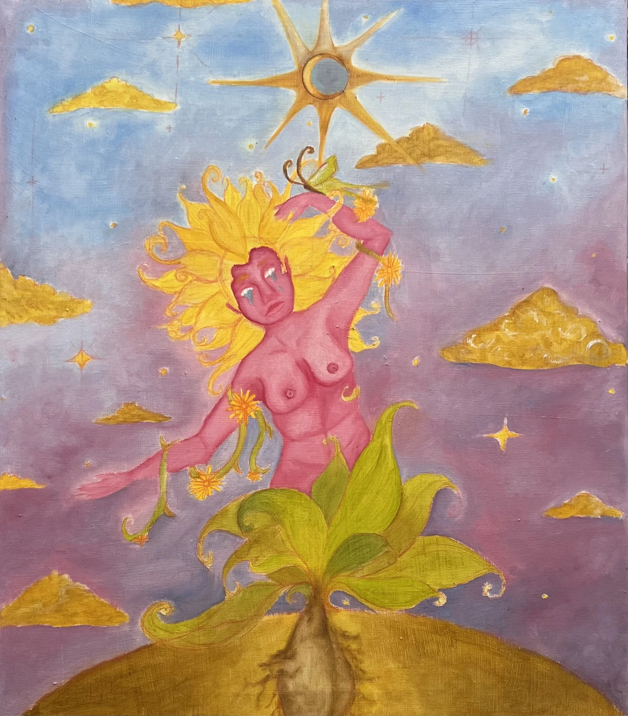 I. The Blooming Woman
Oil on Canvas

She is blooming into life. She is innocent, delicate, and vulnerable. Her skin is flushed pink, and her petal hair is bright yellow. She is unaware. (2024.)
