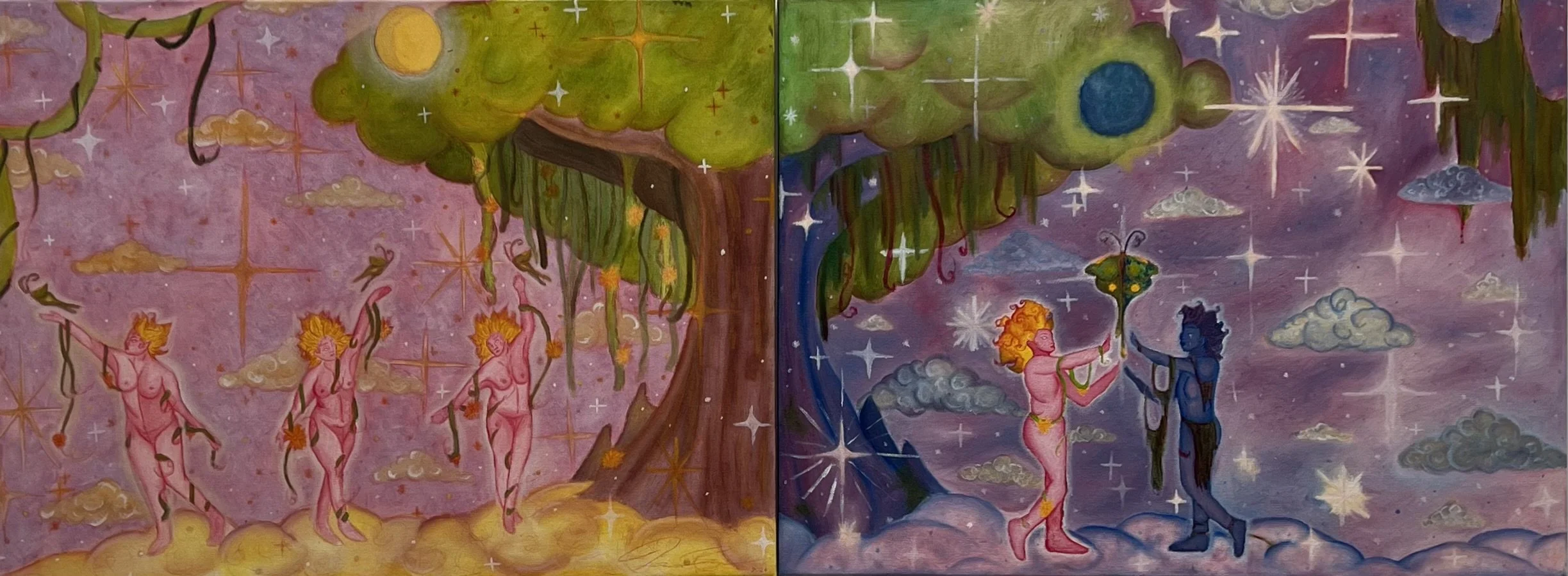 II. The Dancing Woman (Left)
Oil on Canvas

She is in love with life. She is happy and in love with living things. She is happy to be alive. She does not know worry or hurt or trauma or anguish or pain - all she knows is love. (2024.)

III. The Curio