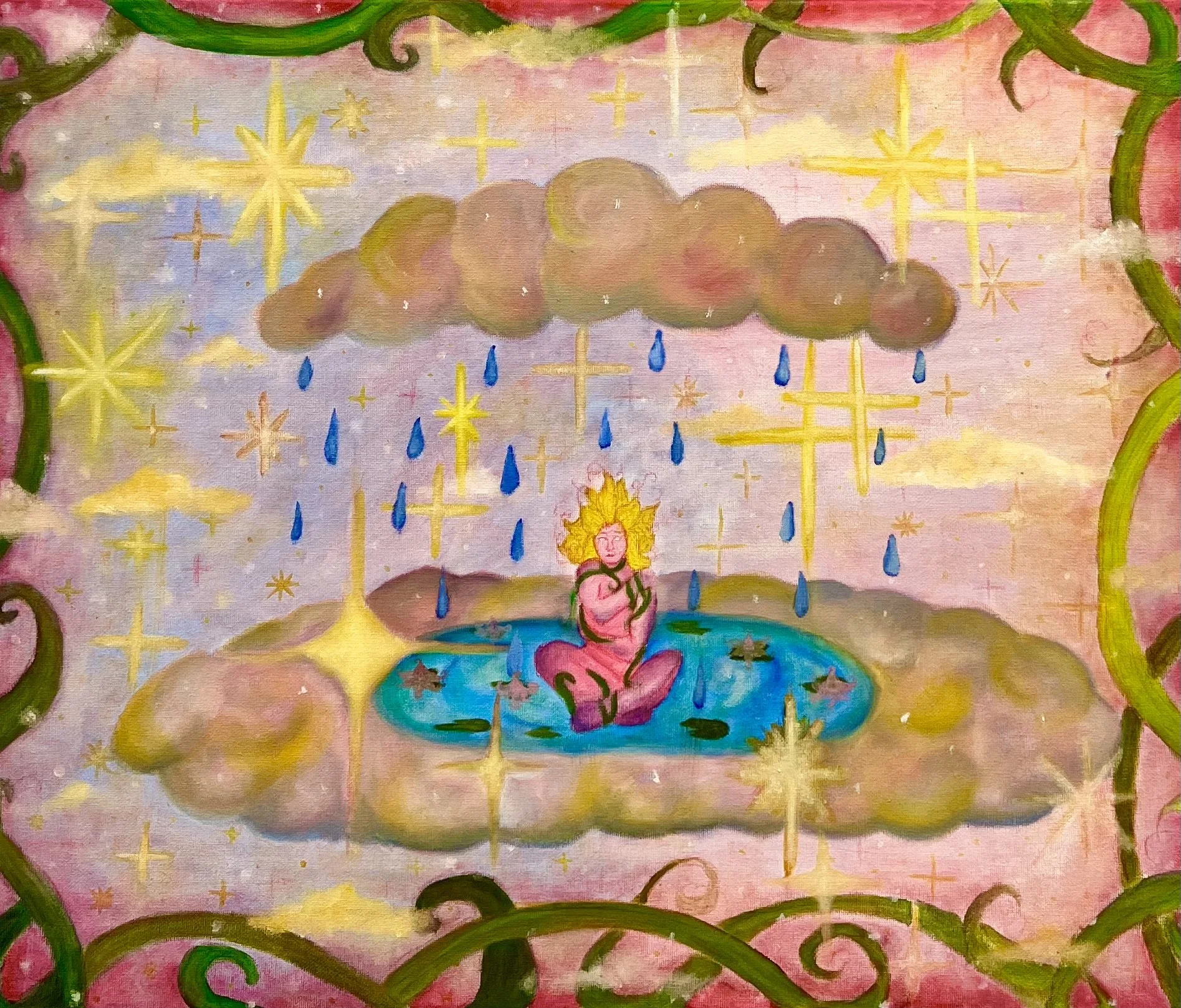 V. The Wounded Woman
Oil on Canvas 

She's suffered her worst and is ready to reclaim her peace. She is beginning to understand her pain and accepts the bruised parts of herself.(2024)