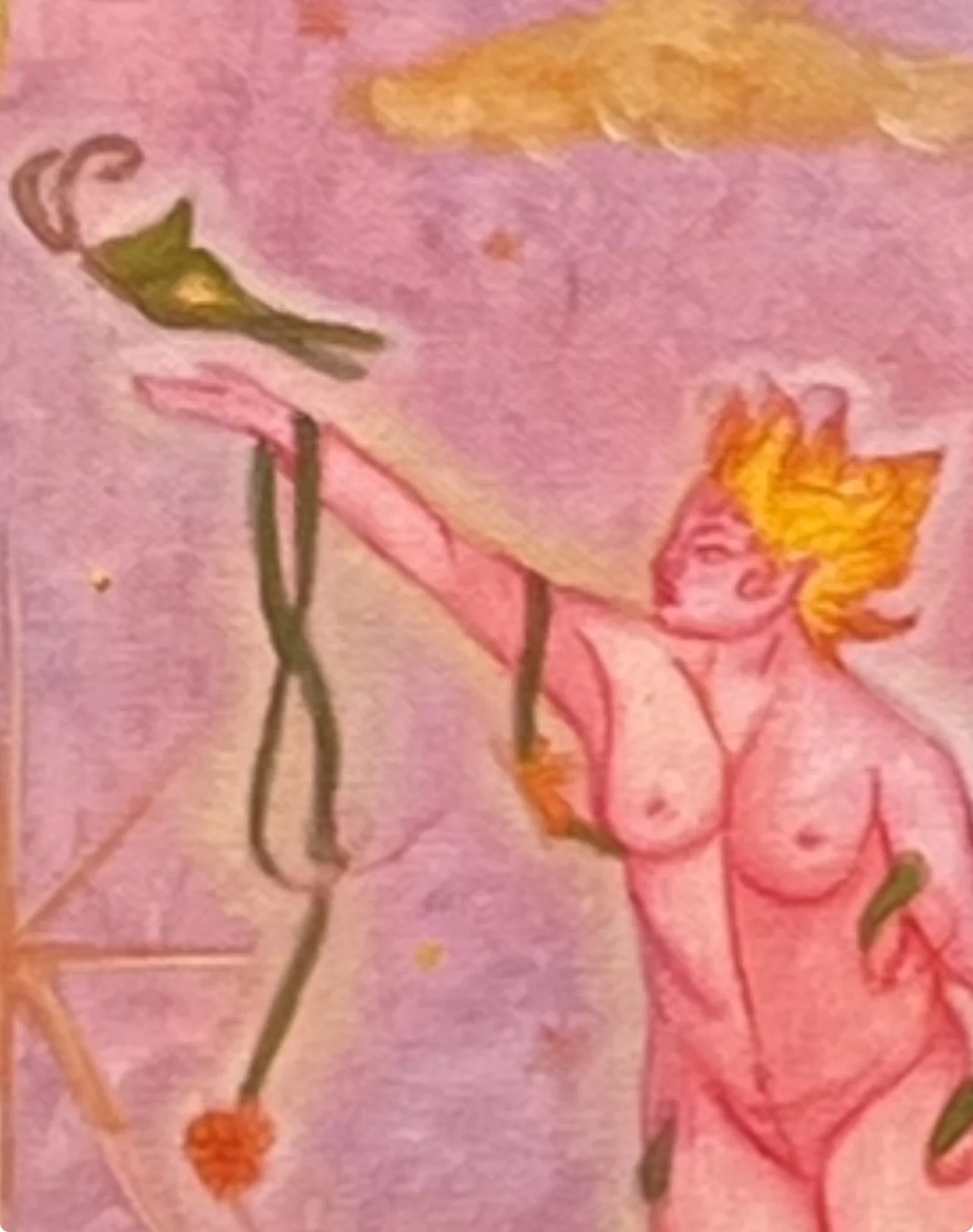 A drawing of a woman with golden hair and a crown, holding a plant against a pink and purple pastel background with stars and clouds.
