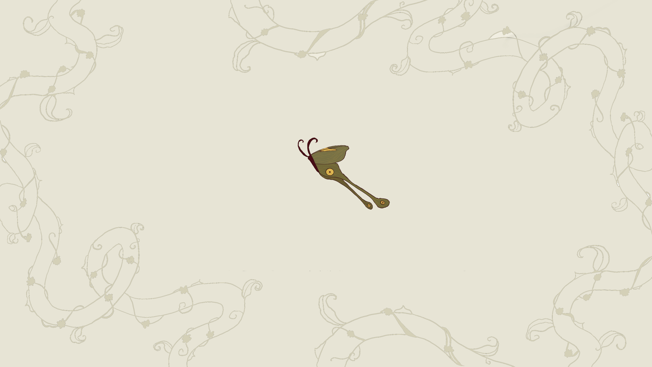 Animated illustration of a butterfly with a green and brown body, antennae, and wings, set against a light beige background with decorative swirling vine patterns.