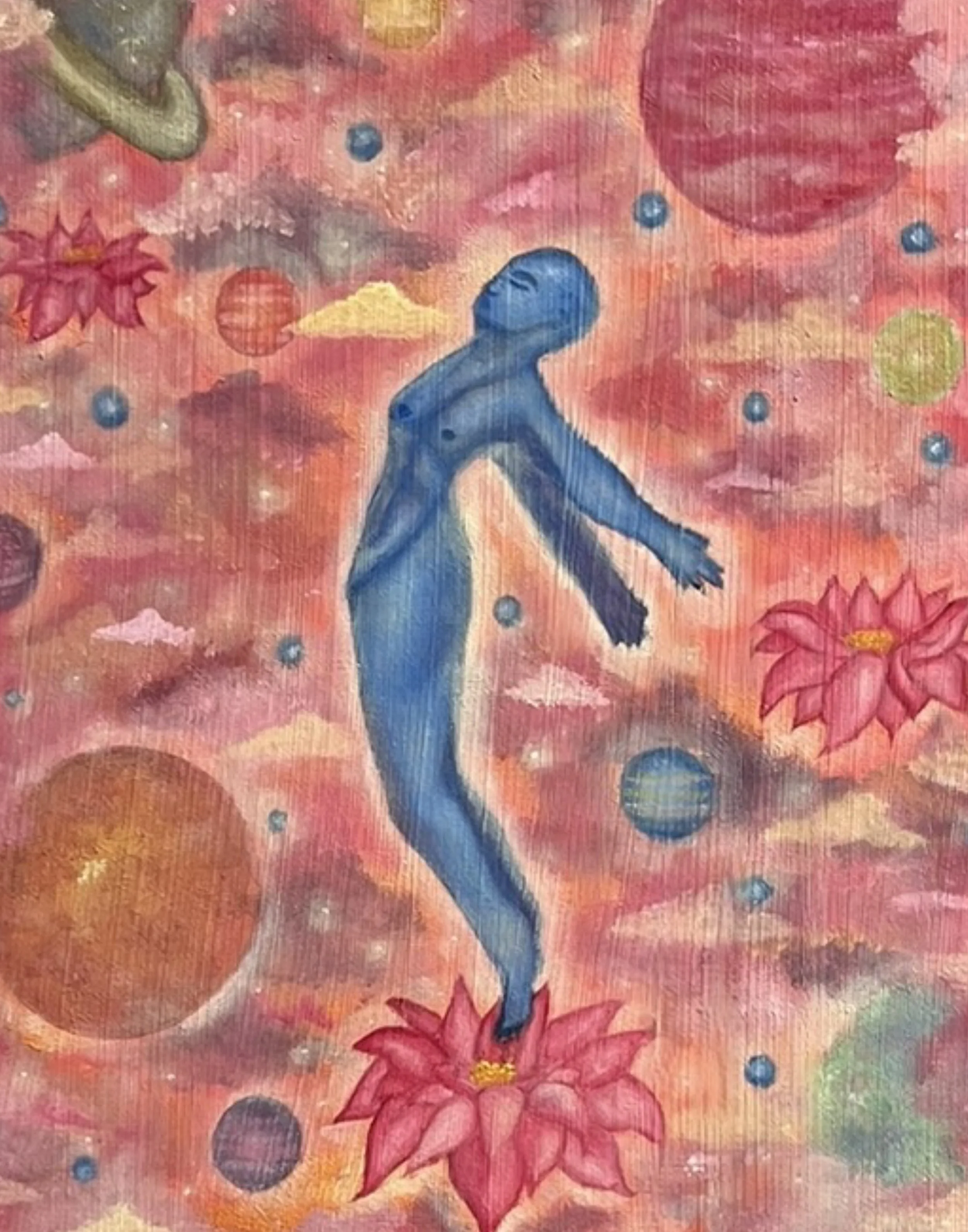 A surreal painting featuring a blue, humanoid figure floating among pink flowers, planets, and clouds in a colorful cosmic background.