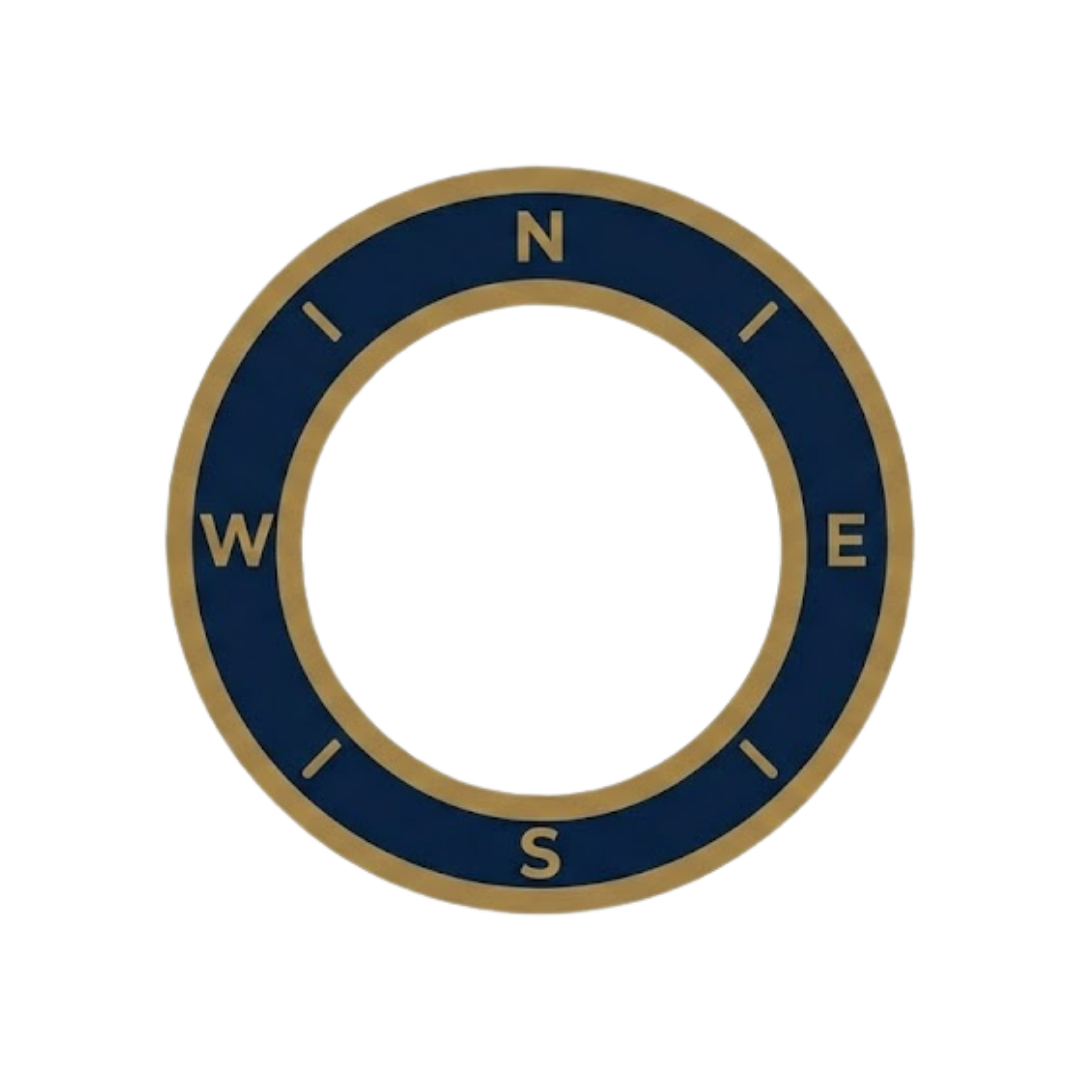A decorative circular compass with a blue background, gold border, and gold directions marked as N, E, S, W.