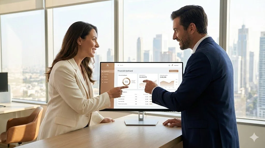 A woman and a man in business attire are discussing financial data on a computer monitor in a high-rise office with a city skyline view.