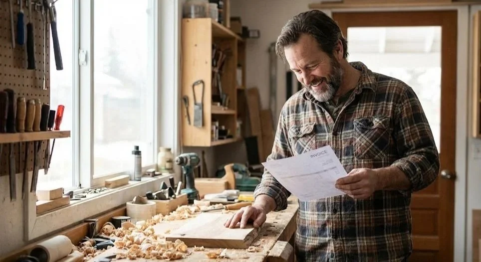 A man with a beard, wearing a plaid shirt, is smiling and looking at a paper invoice in a woodworking shop, surrounded by woodworking tools and shavings.