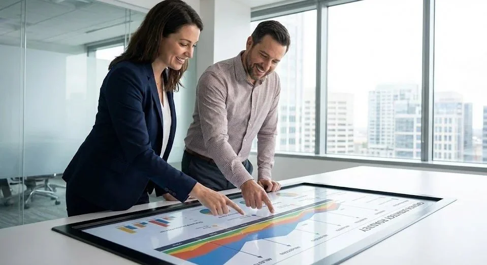 Two business professionals, a woman and a man, are smiling and pointing at a large digital touchscreen displaying colorful charts and graphs in a modern office with city skyline views.