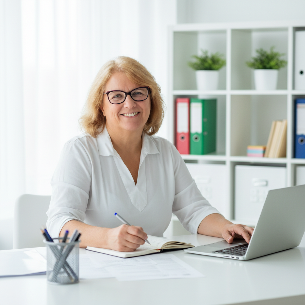 A smiling woman with glasses sitting at a white desk in an office, using a laptop and holding a pen while looking at the camera.
