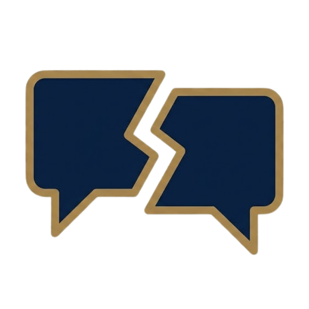 Two overlapping speech bubble icons, navy blue with gold outlines, representing communication or dialogue.