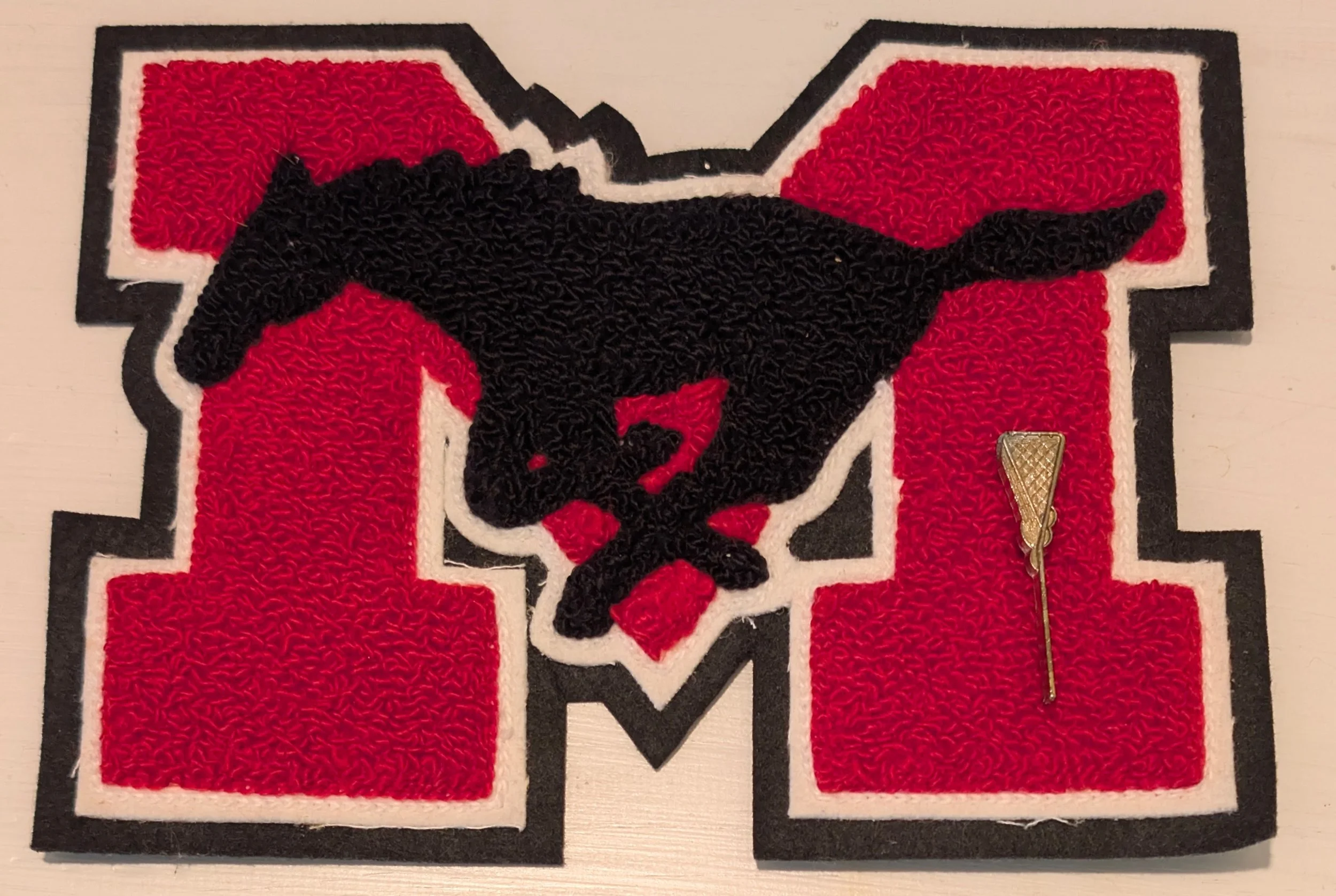 A patch featuring a black dog in front of a red background with white and black outlines, and a gold-colored pin attached to the lower right part of the patch.