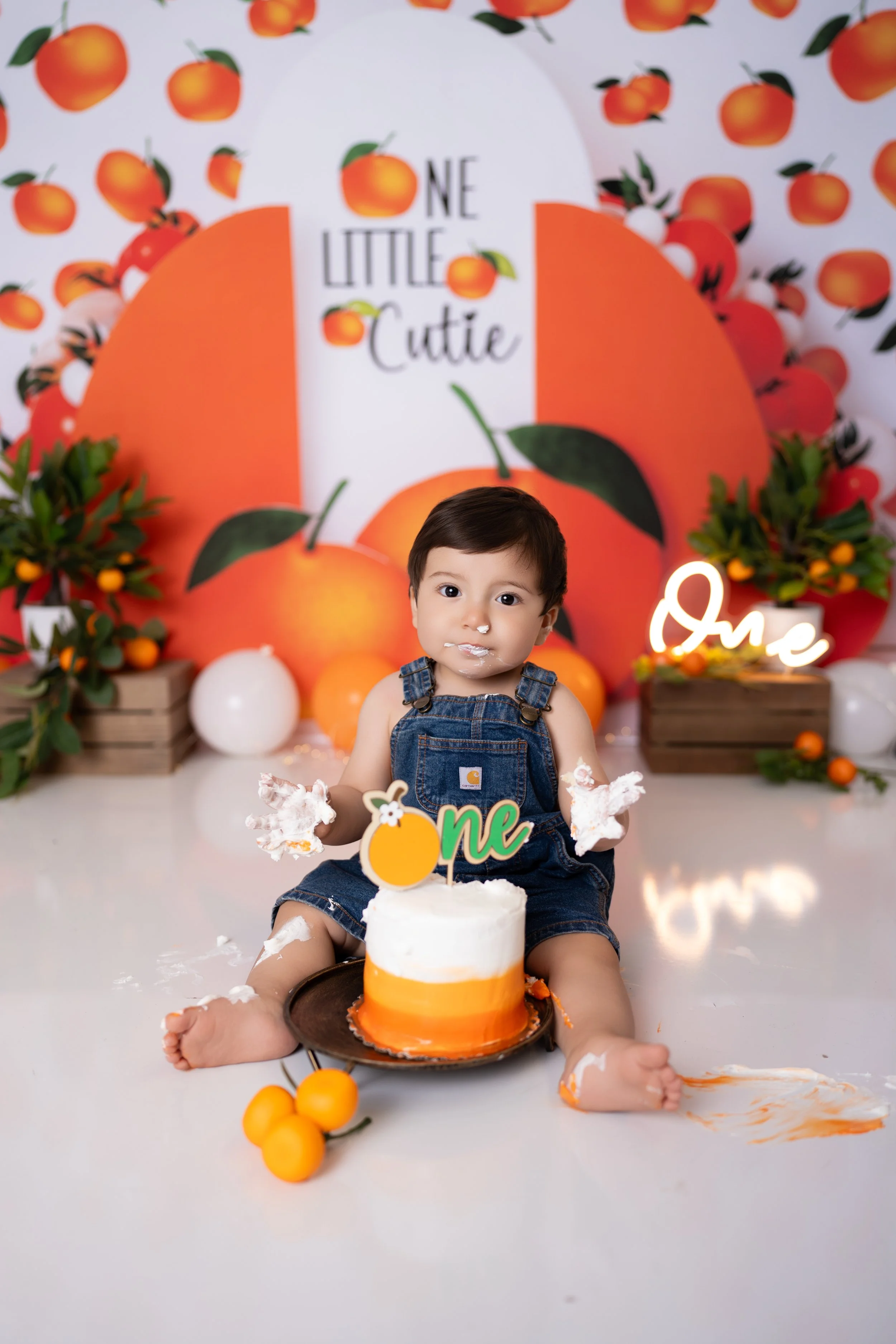 A baby boy in denim overalls sitting in front of a peach-themed birthday backdrop, holding a small cake with a 'One' topper, surrounded by peach decorations and greenery, celebrating his first birthday.