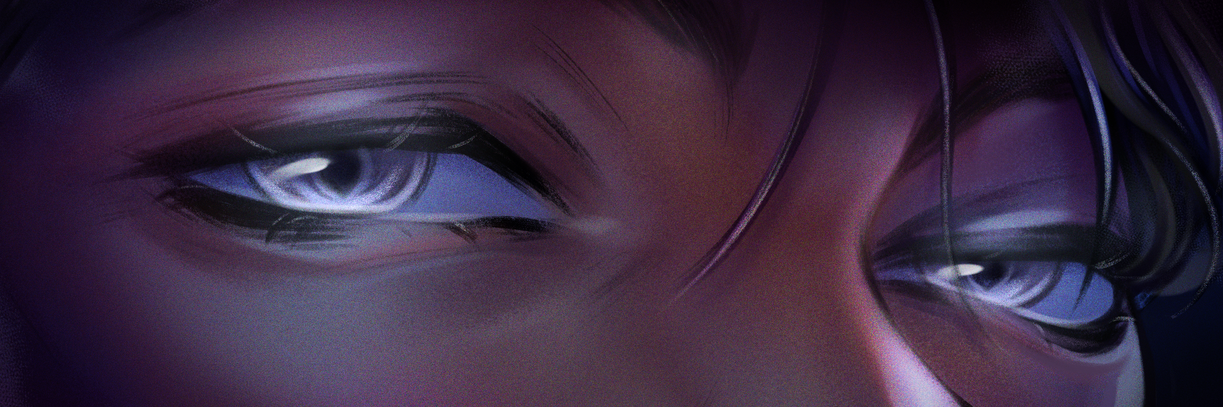 Close-up of a person's face with focus on intense eyes, dark makeup, and stylized hair, depicted in a digital art style.