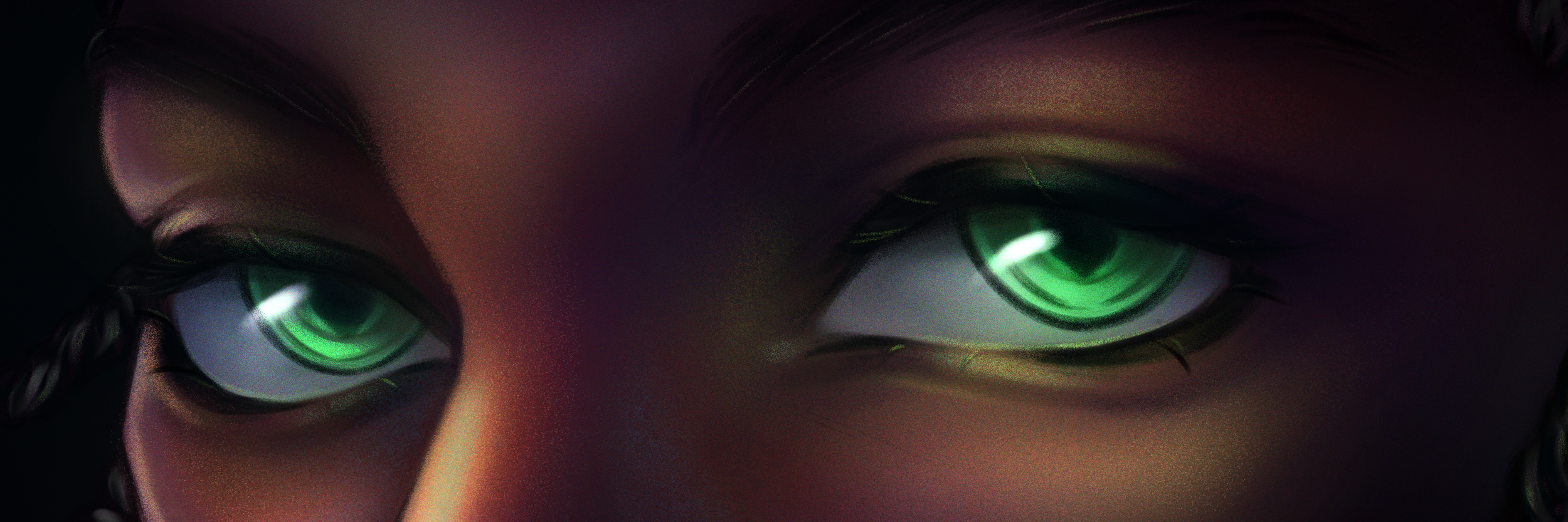 Close-up of a person's eyes with green irises, dark makeup, and braided eyebrows, emphasizing the intense gaze.