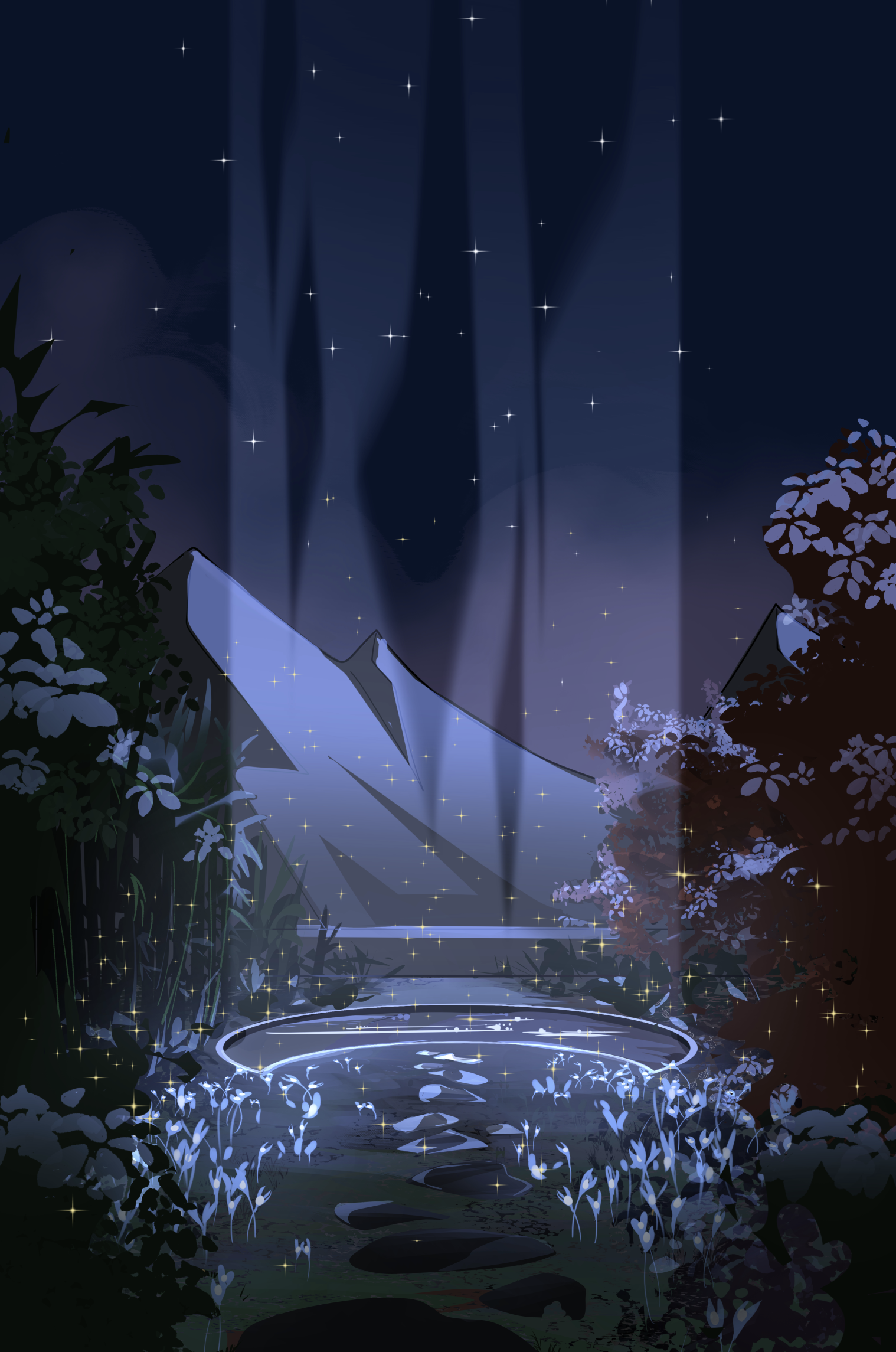 A nighttime scene with a starry sky and a waterfall flowing into a pond surrounded by foliage, illuminated with glowing light effects.