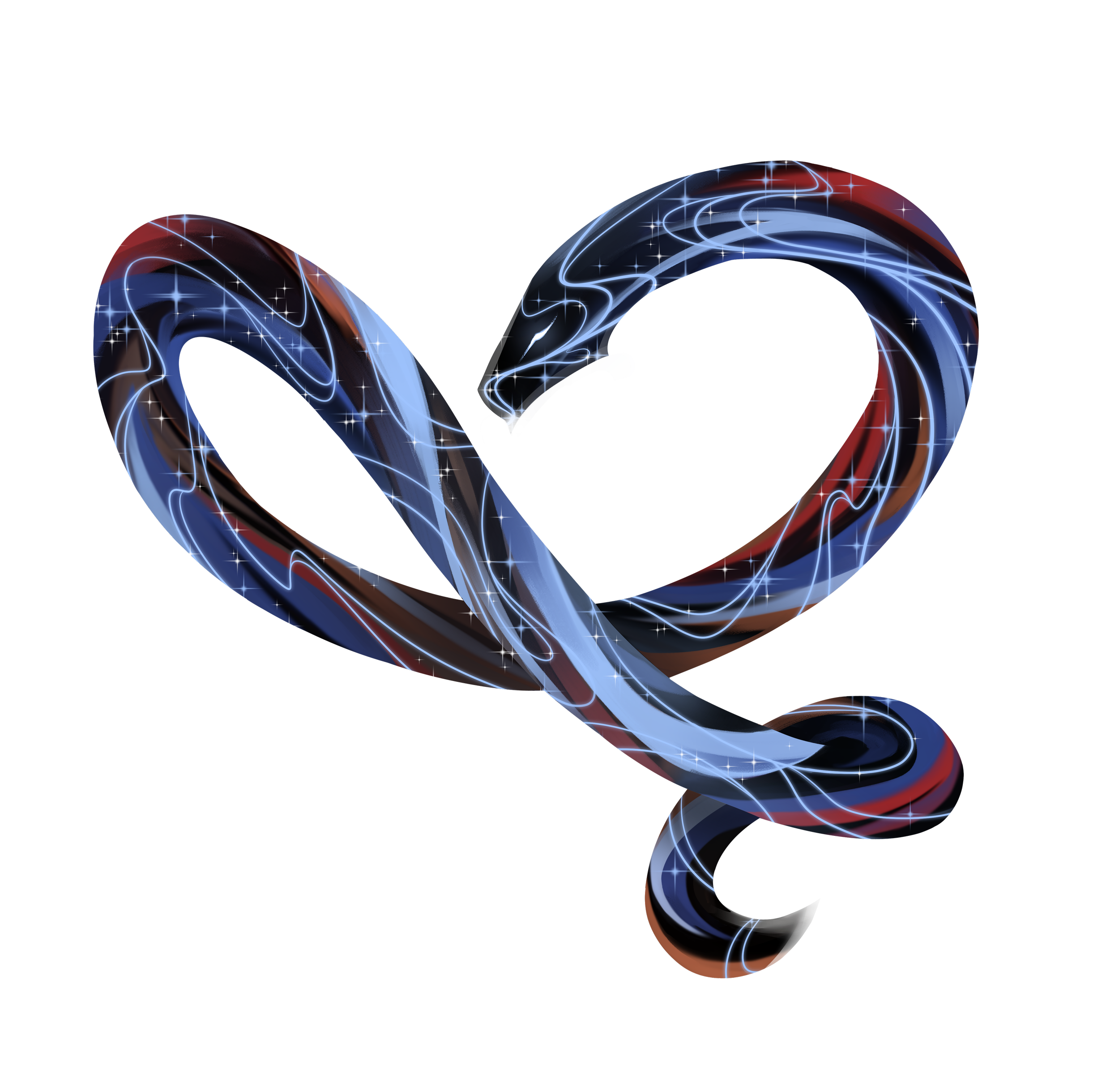 Neon light heart shape made of swirling red, white, blue, and black lines with star-like sparkles on a black background