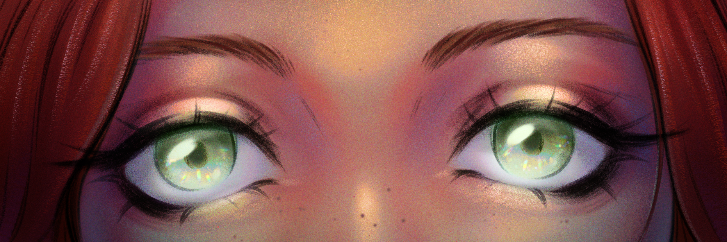 Close-up of a digital or animated person's eyes with green irises, dark eyeliner, and long eyelashes, with brown hair visible on the sides.