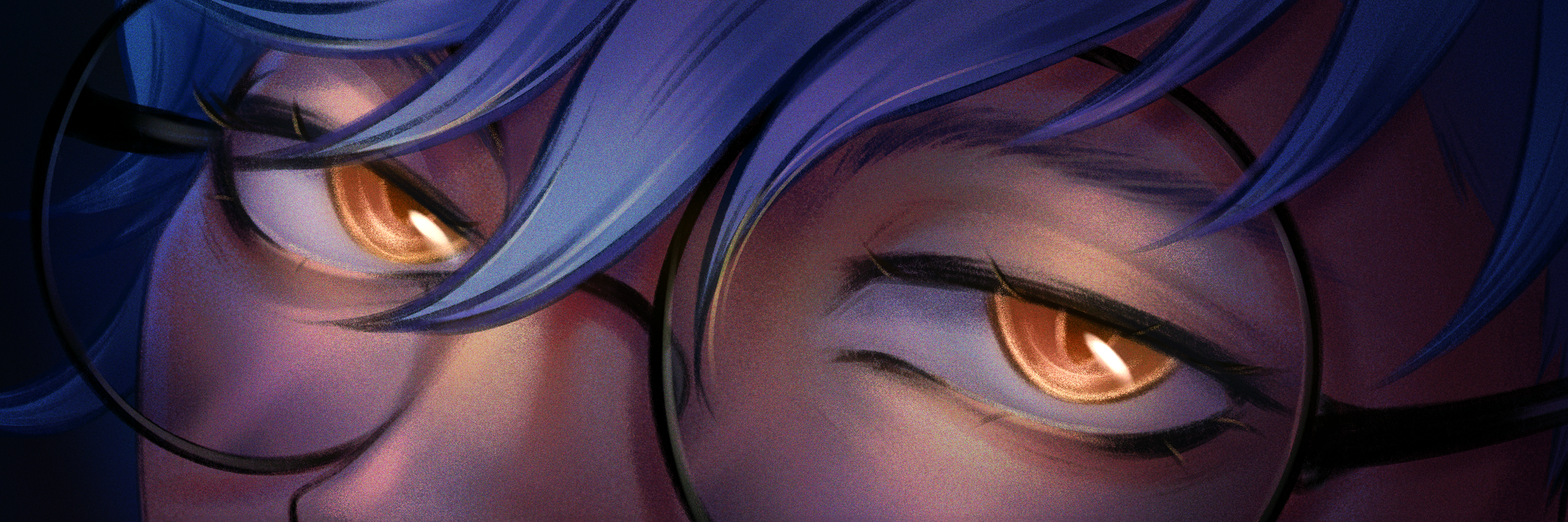 Close-up of an animated character's face with blue hair and orange eyes, wearing glasses.