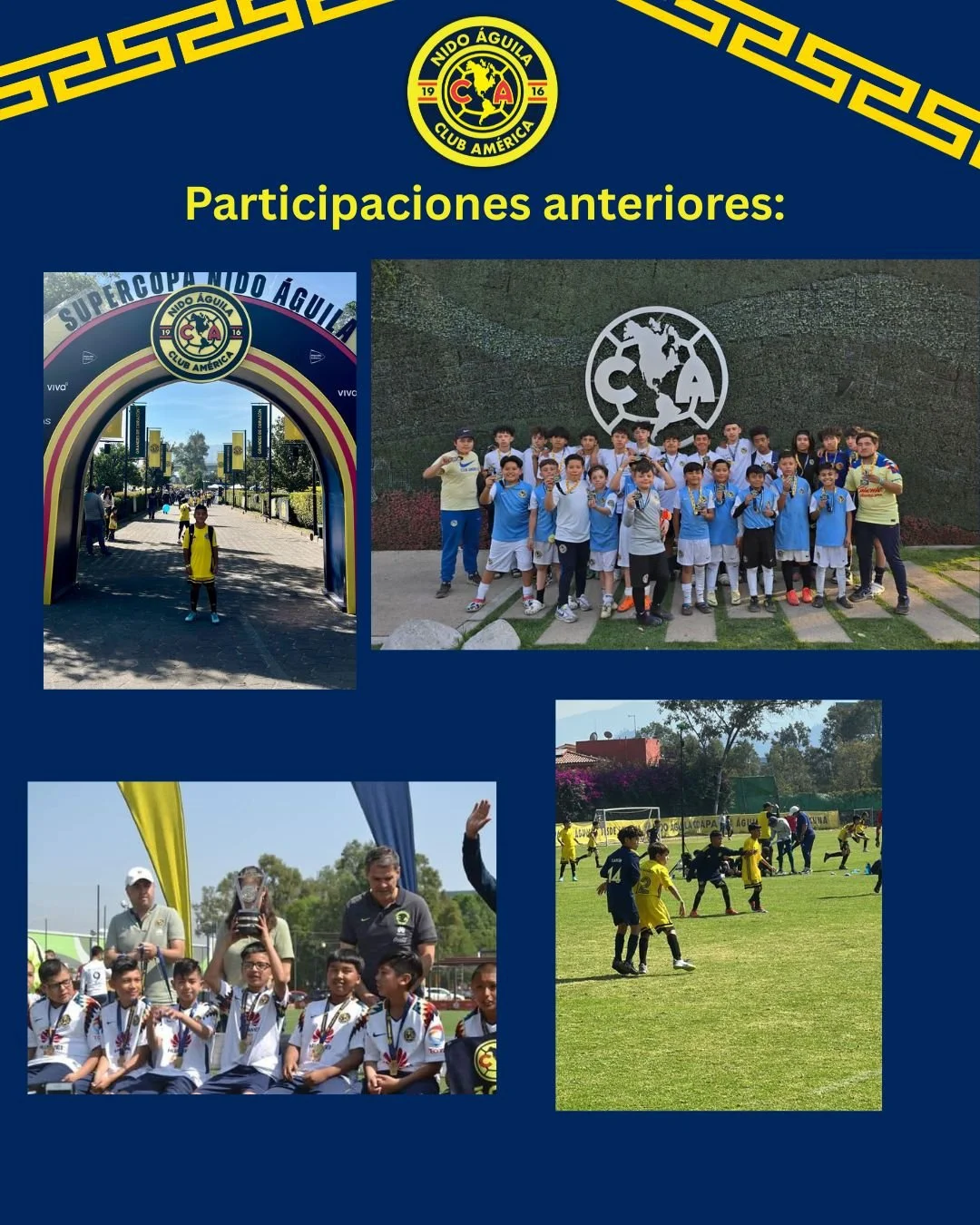 Cuatro fotos relacionadas con actividades del club de fútbol América, incluyendo a niños en el estadio, grupo en una pared con el logo del club, equipo de fútbol con medallas en ceremonia y partido en campo abierto.