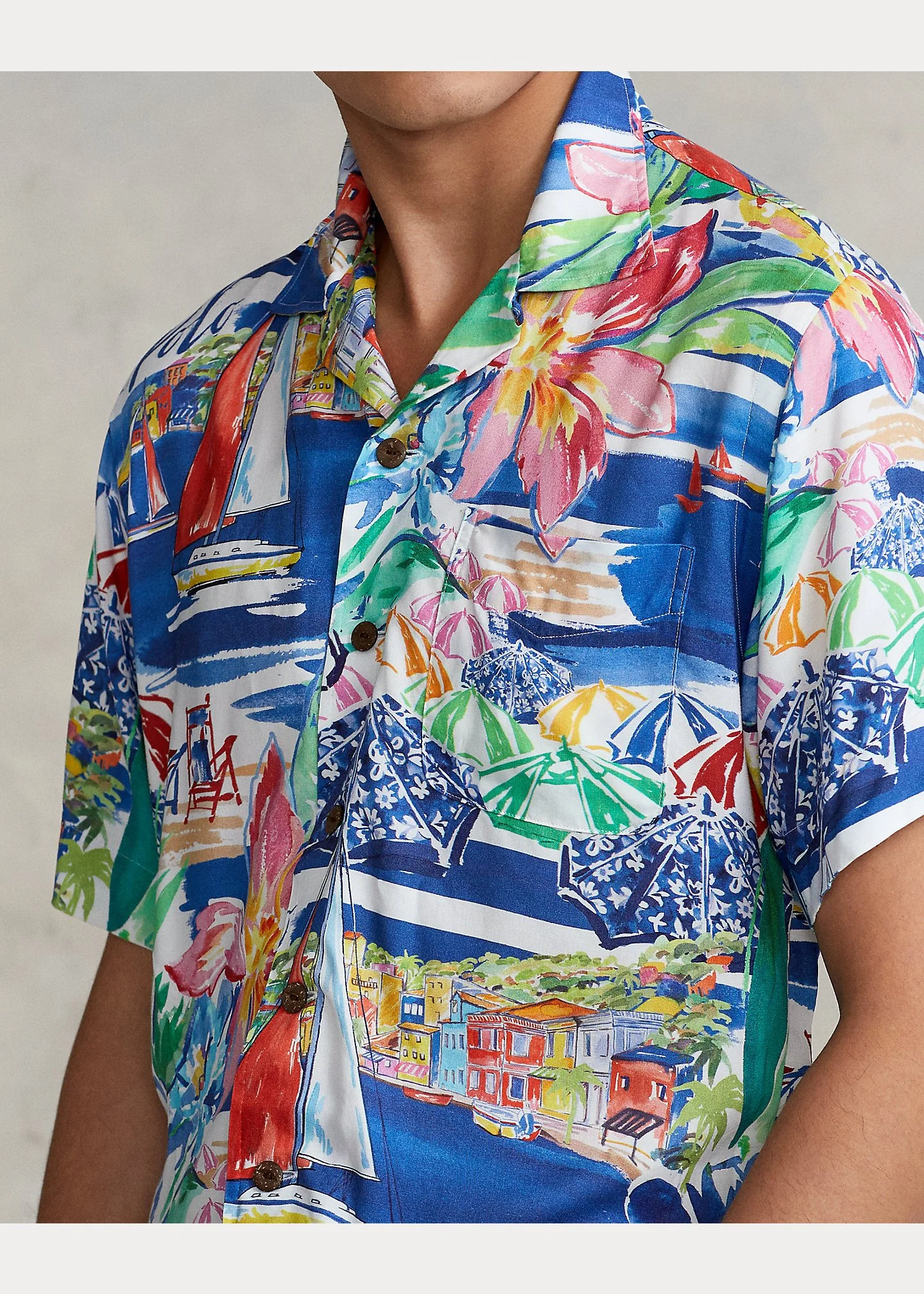 Colorful Rivera Scenic Artwork on Menswear Camp Button Down Shirt
