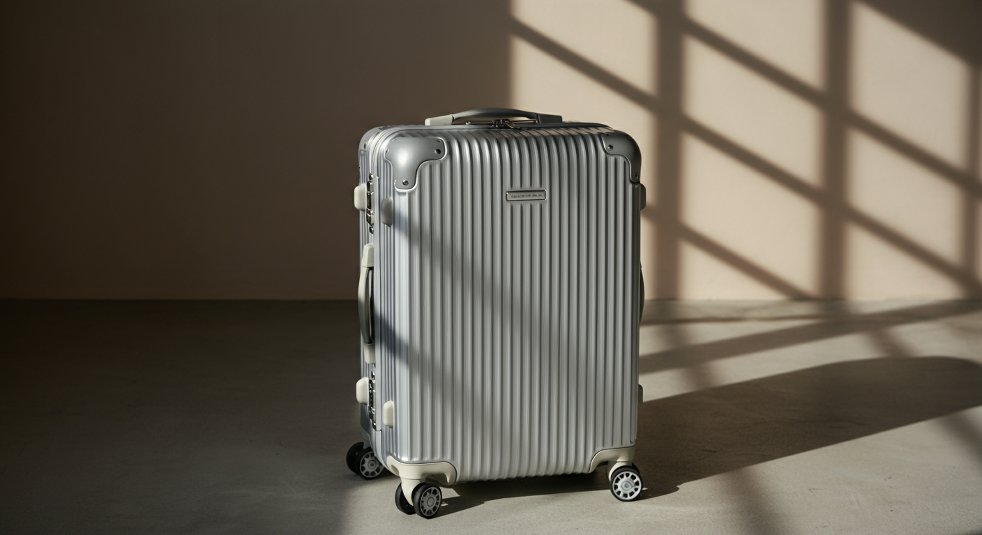 A silver hard-shell suitcase with four wheels and a textured exterior standing on a smooth floor in front of a window casting shadows.