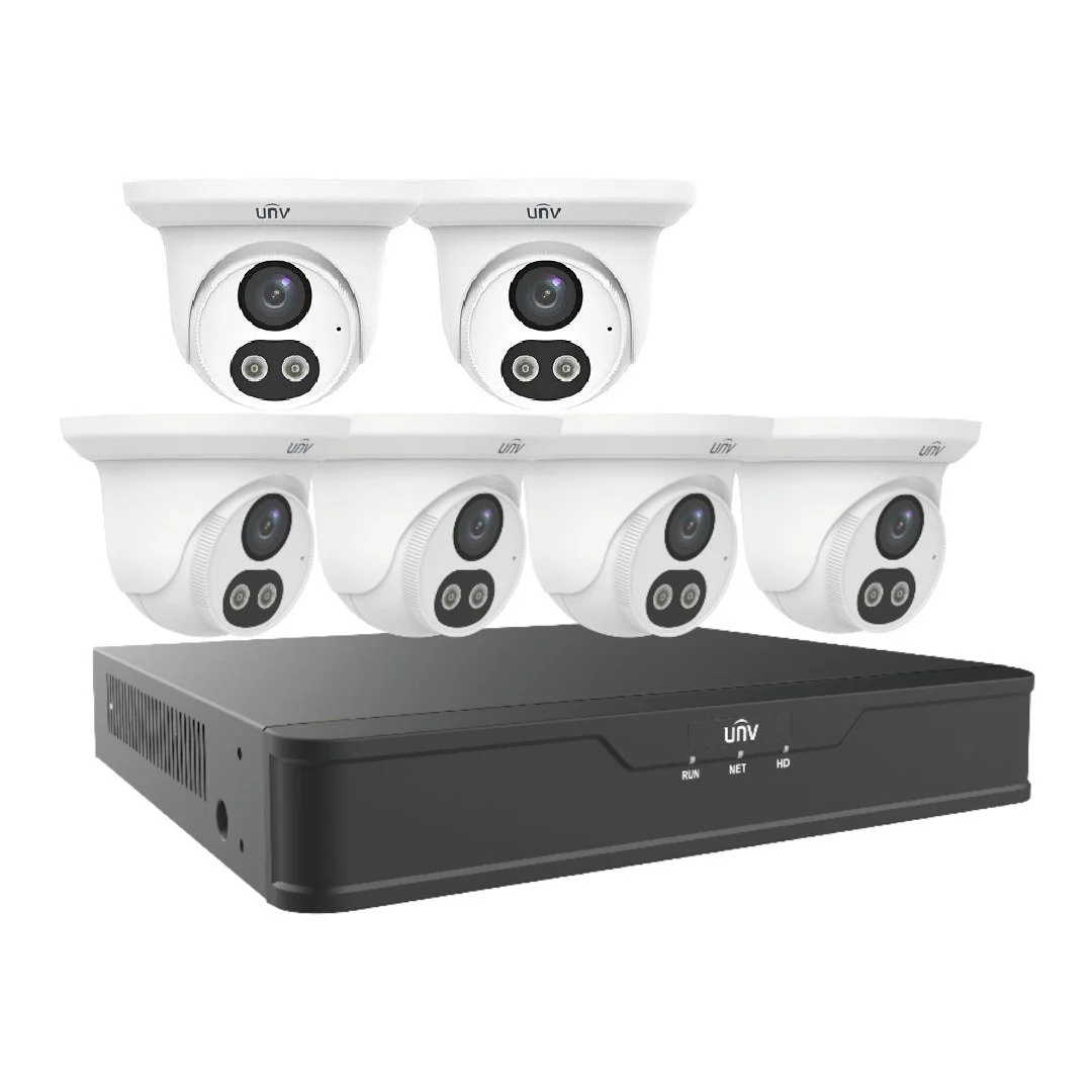 Product illustration of Uniview PoE security cameras and local network video recorder
