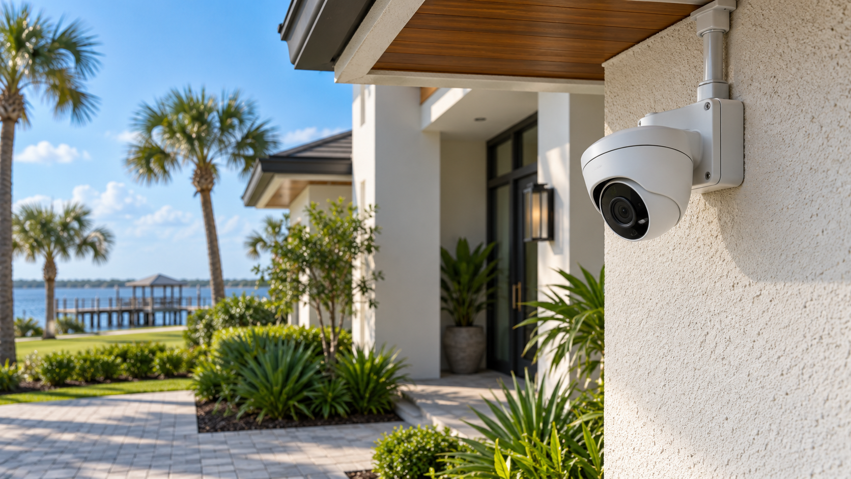 Outdoor security camera mounted beneath an eave with protected conduit on a modern coastal home