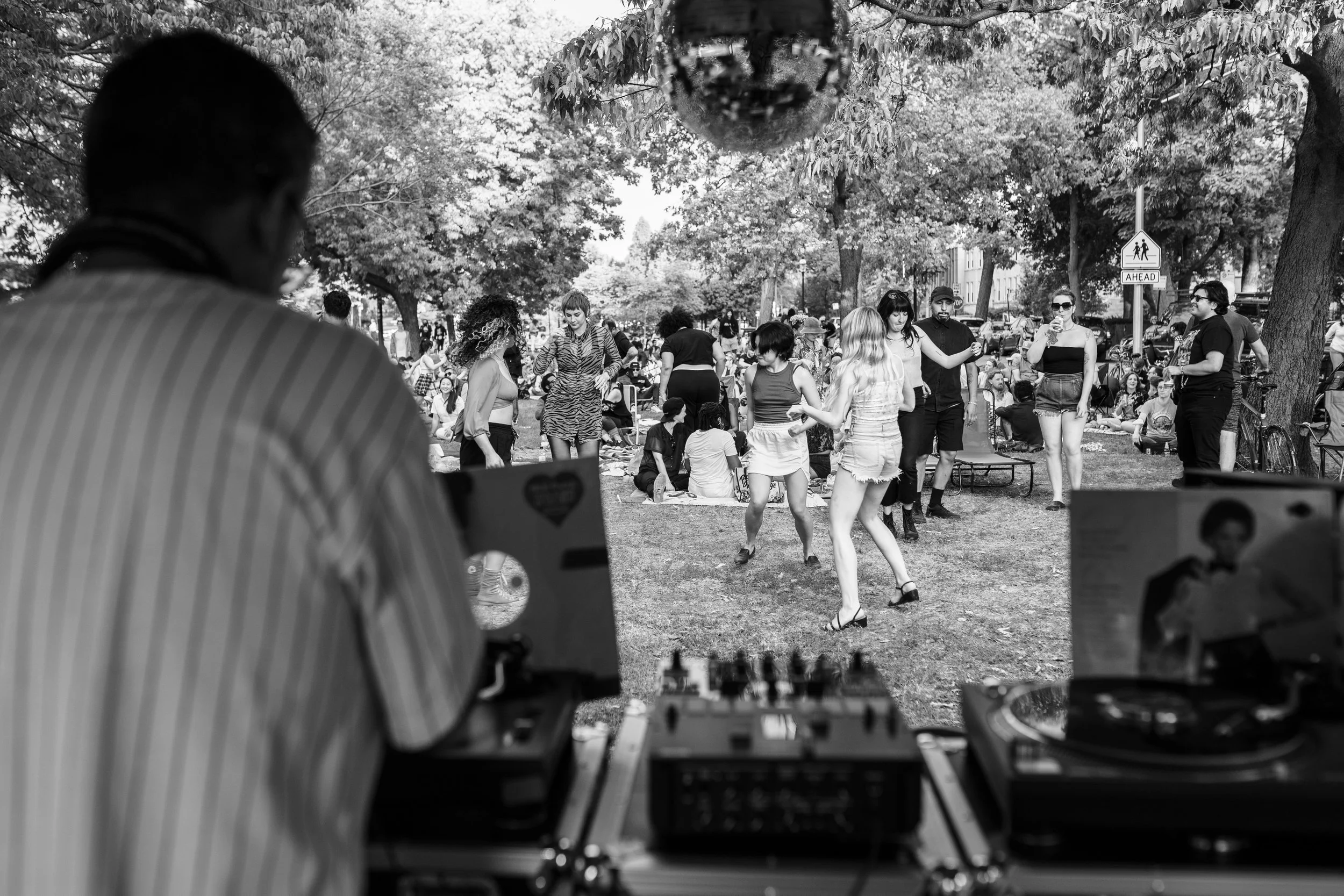 A view through a camera's viewfinder showing a crowded outdoor park event with people socializing, walking, and sitting on the grass, surrounded by trees and a street sign that reads 'AHEAD'.