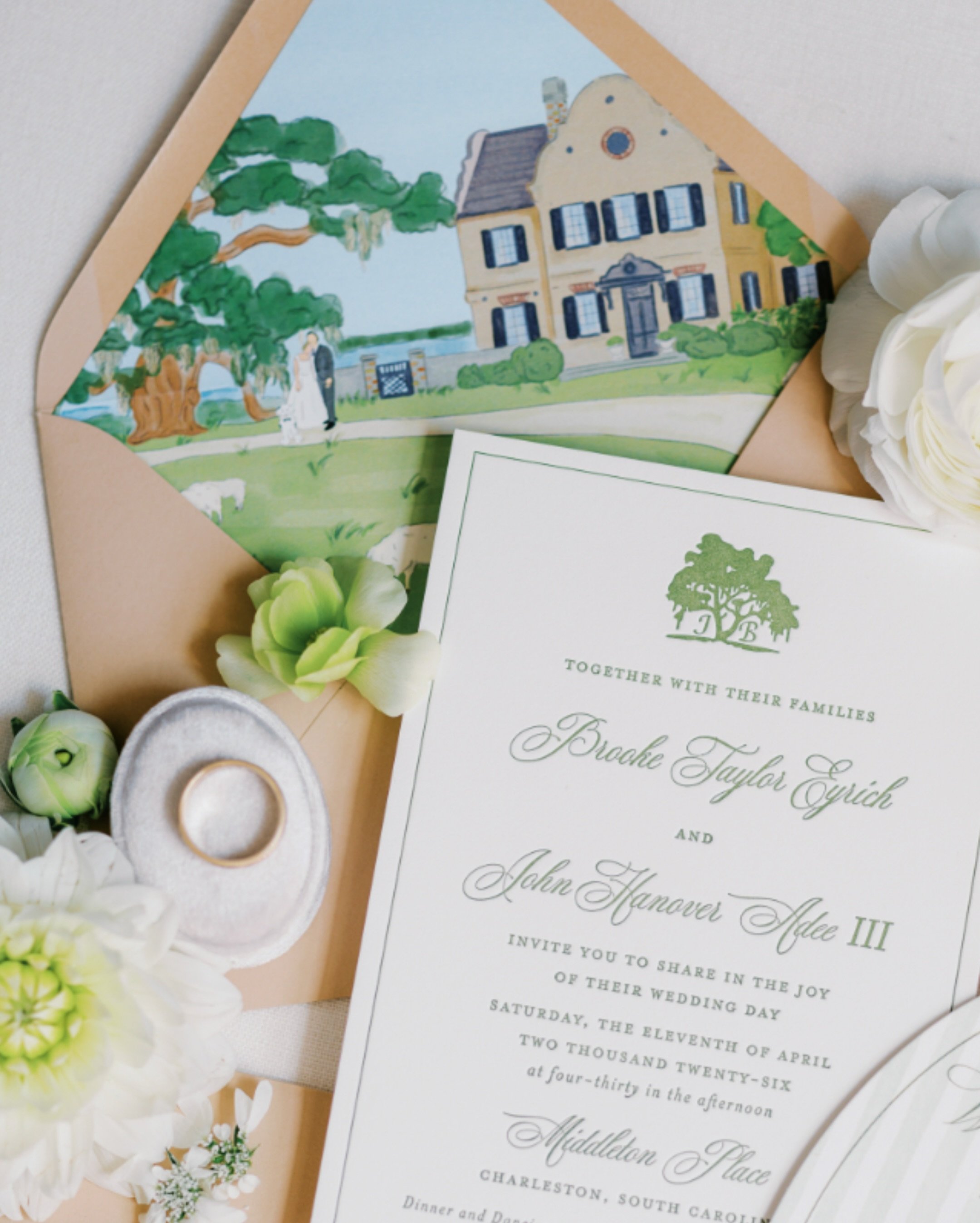 a closer look at J + B&rsquo;s beautiful April Charleston wedding from invite to reception dinner | 

1-2: illustrated custom liner + their iconic wedding logo for their formal invitation suite 
3: the wedding map postcard each guest received at rehe