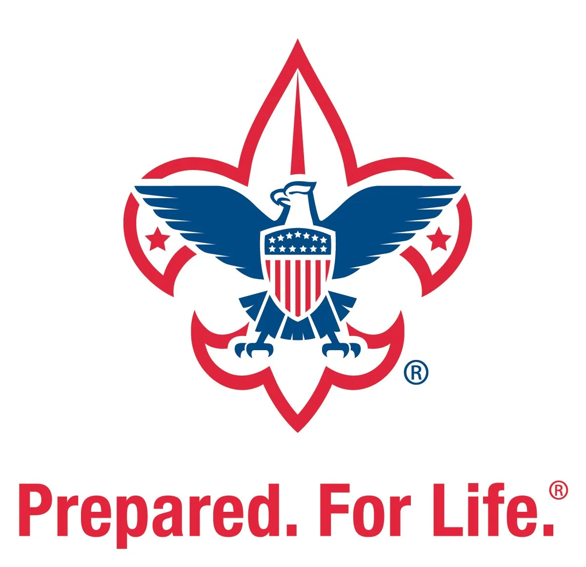 Boy Scout emblem featuring an eagle with a shield on its chest, wings outstretched, inside a red fleur-de-lis with the phrase 'Prepared. For Life.' in red text below.