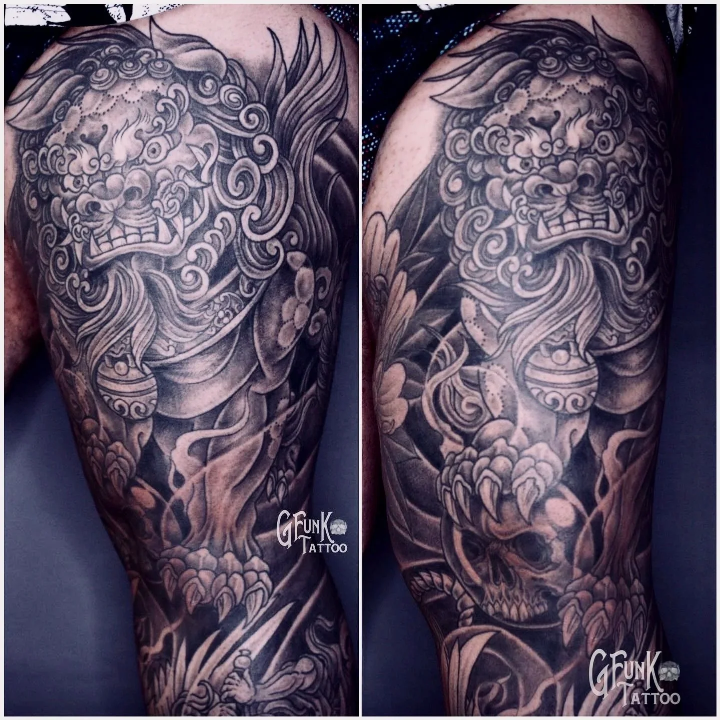 Tattoo of a fierce mythological creature with elaborate swirling details, sharp features, and fierce expression covering the shoulder and upper arm.
