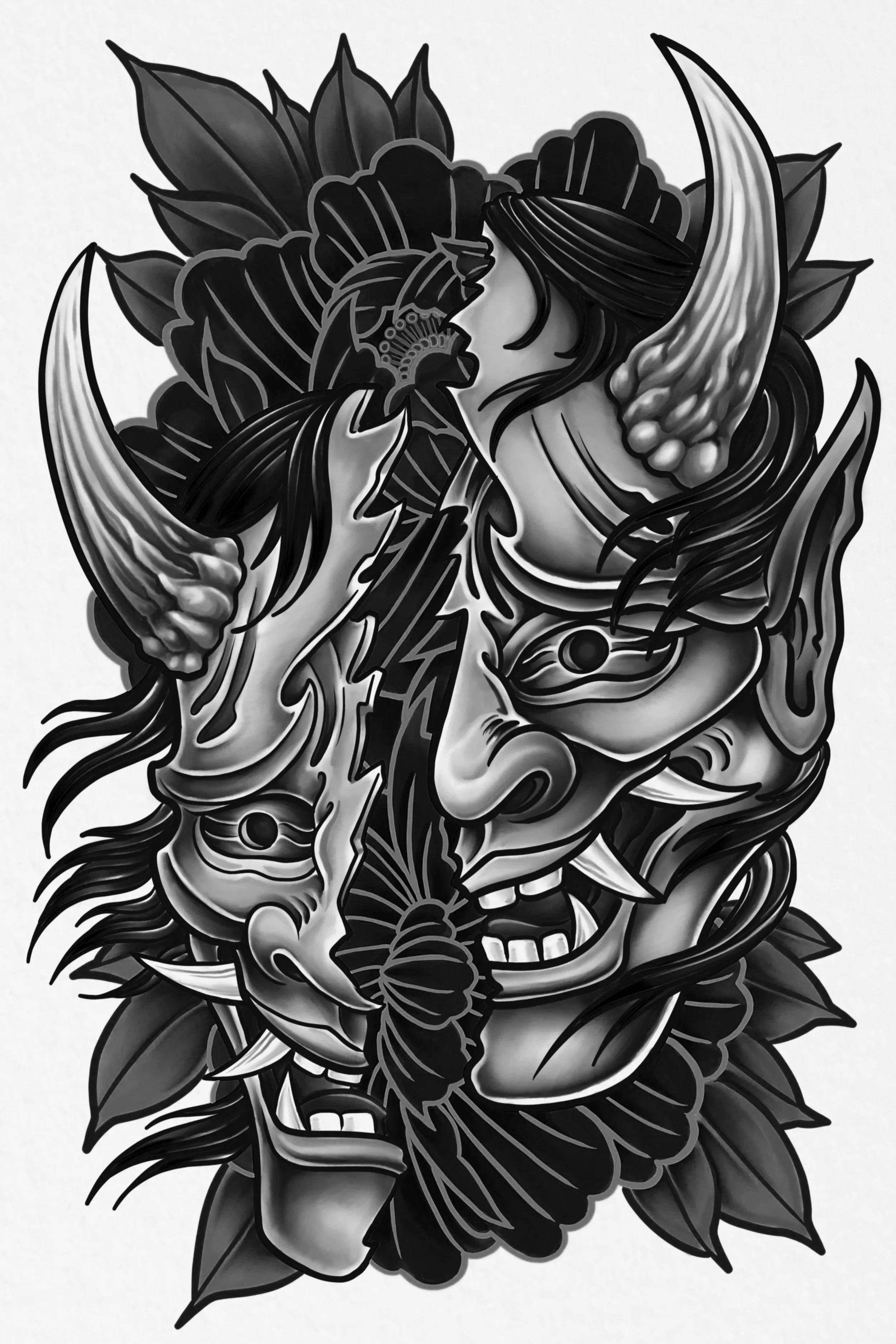 Black and white tattoo-style illustration of a mythical creature with a woman’s face, large wings, surrounded by flowers and leaves.