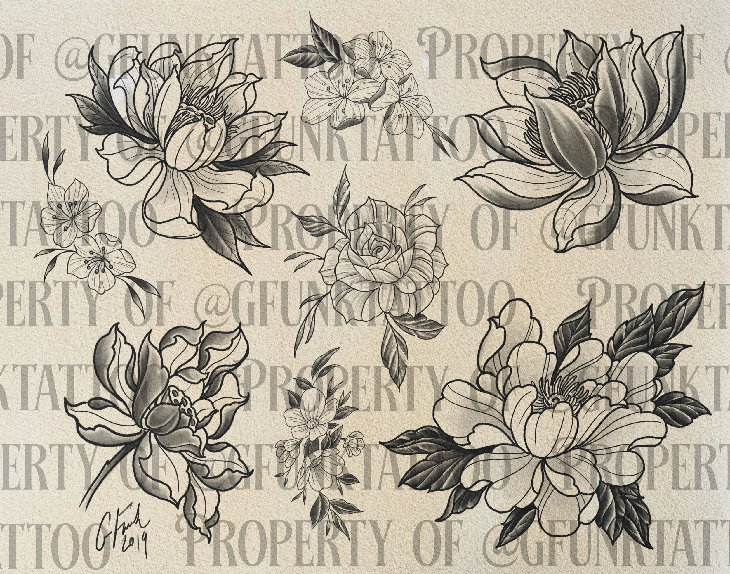 Black and white floral illustration with large flowers, smaller blossoms, and leaves on a textured beige background.