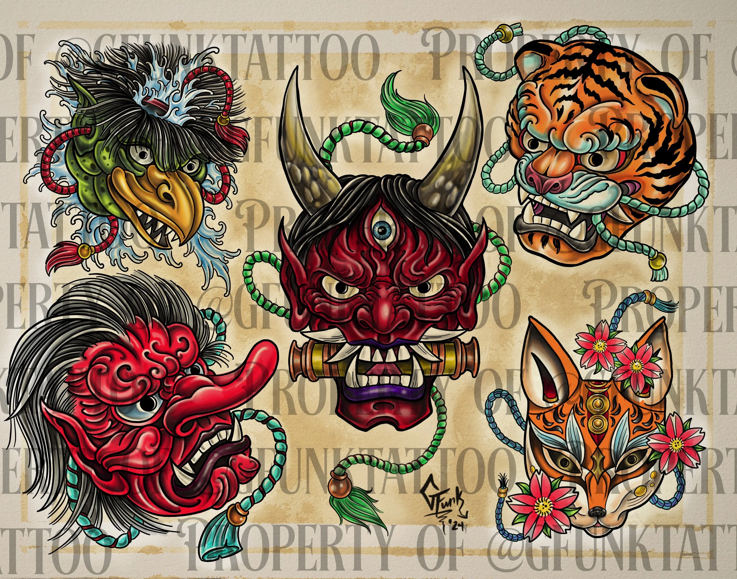Traditional Japanese-style tattoo art of mythical creatures in bright colors, including a dragon, a tiger, and a demon with a third eye, intricate details, and decorative elements.
